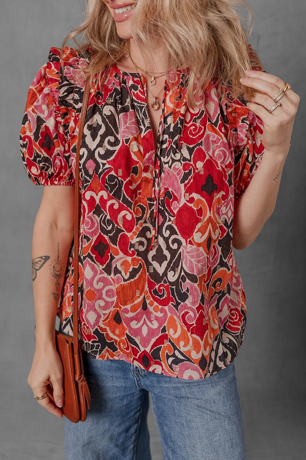 Ethnic Print Split Neck Short Puff Sleeve Blouse - Lookzlike