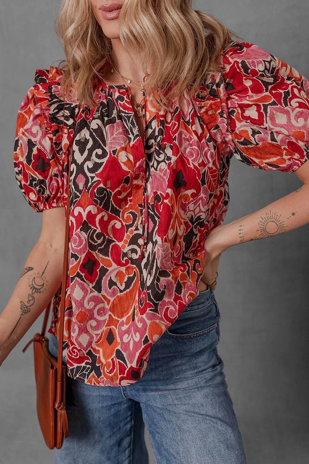 Ethnic Print Split Neck Short Puff Sleeve Blouse - Lookzlike