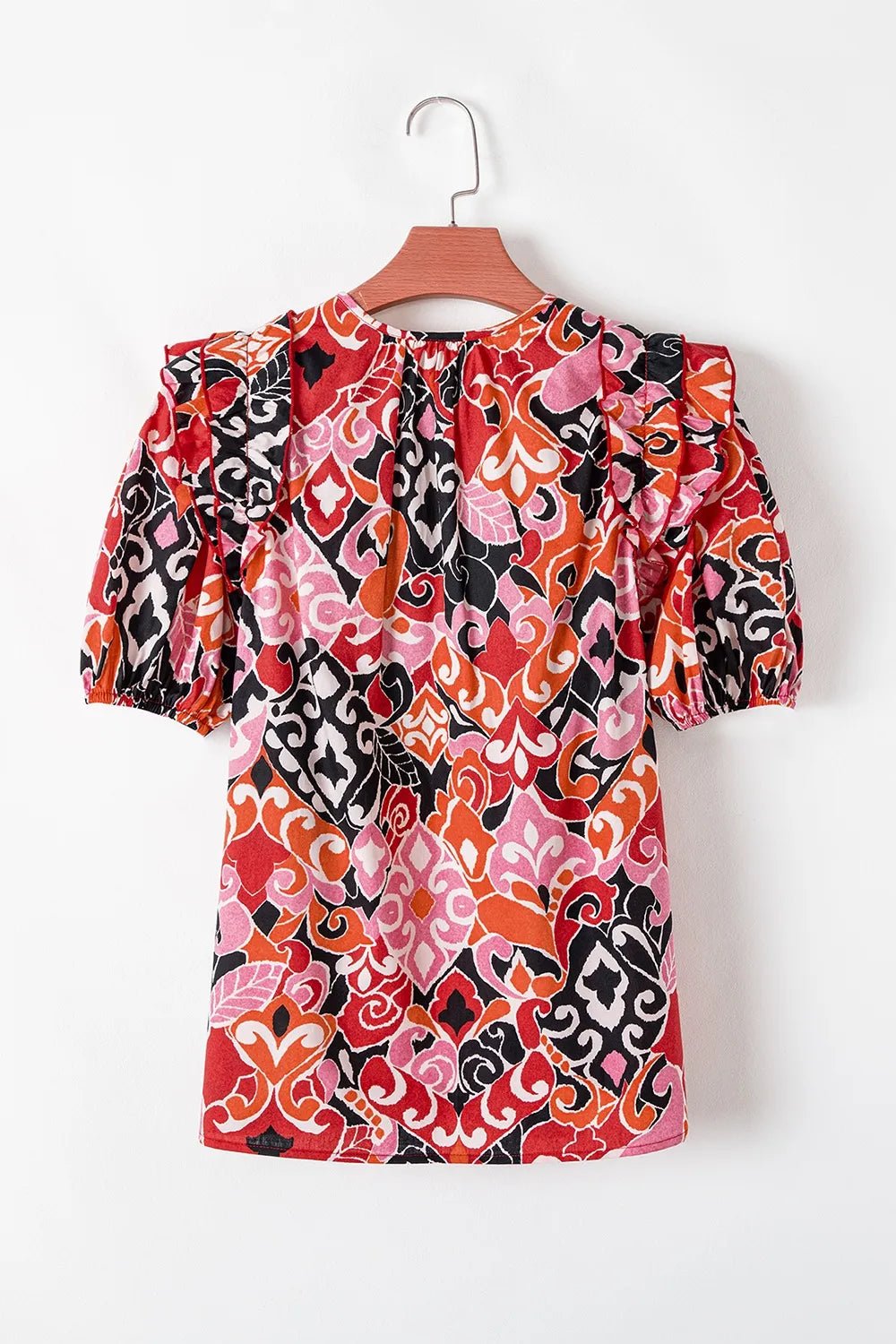 Ethnic Print Split Neck Short Puff Sleeve Blouse - Lookzlike