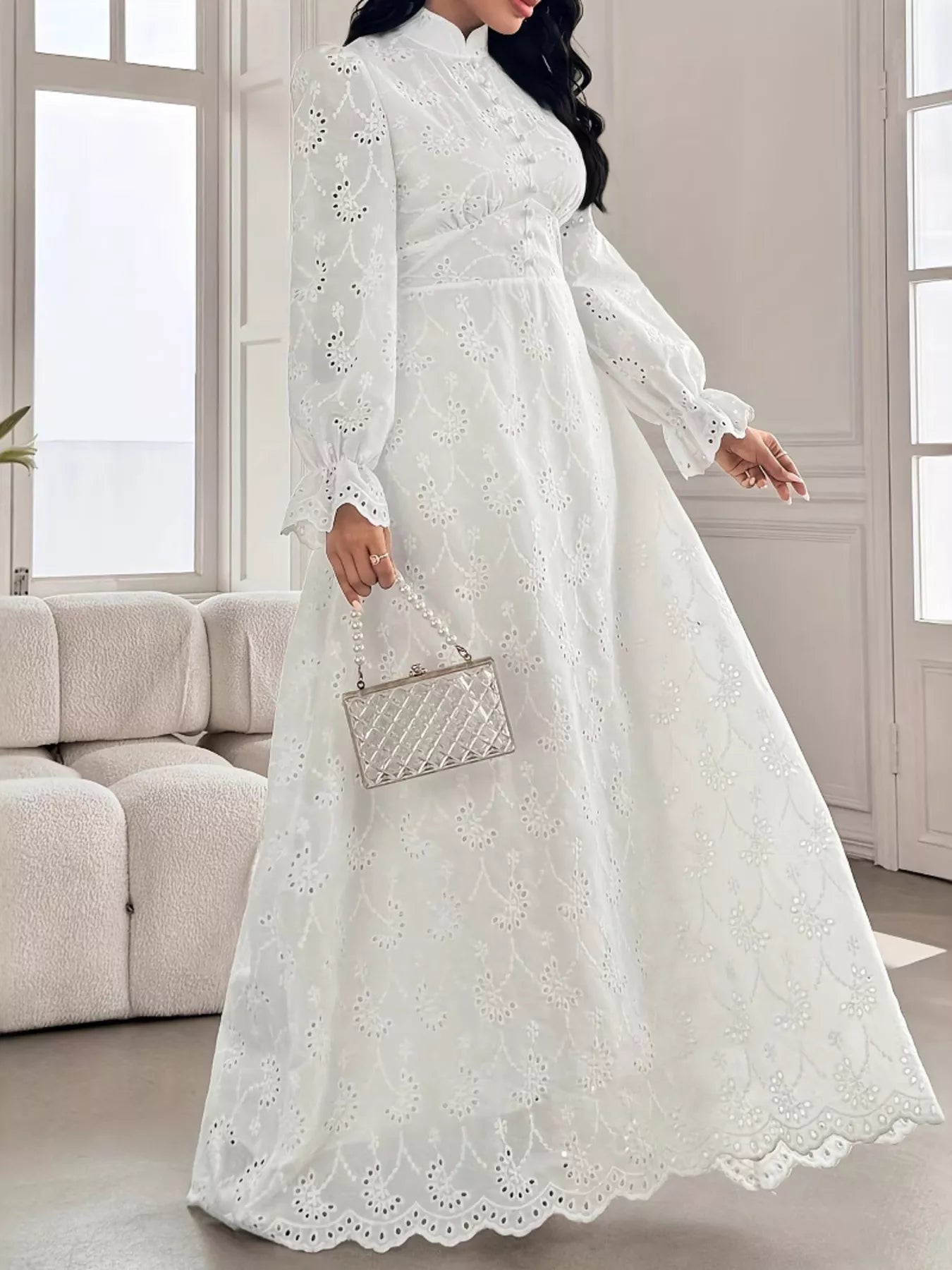 Eyelet Flounce Sleeve Maxi Dress designed for comfort and style at Lookzlike