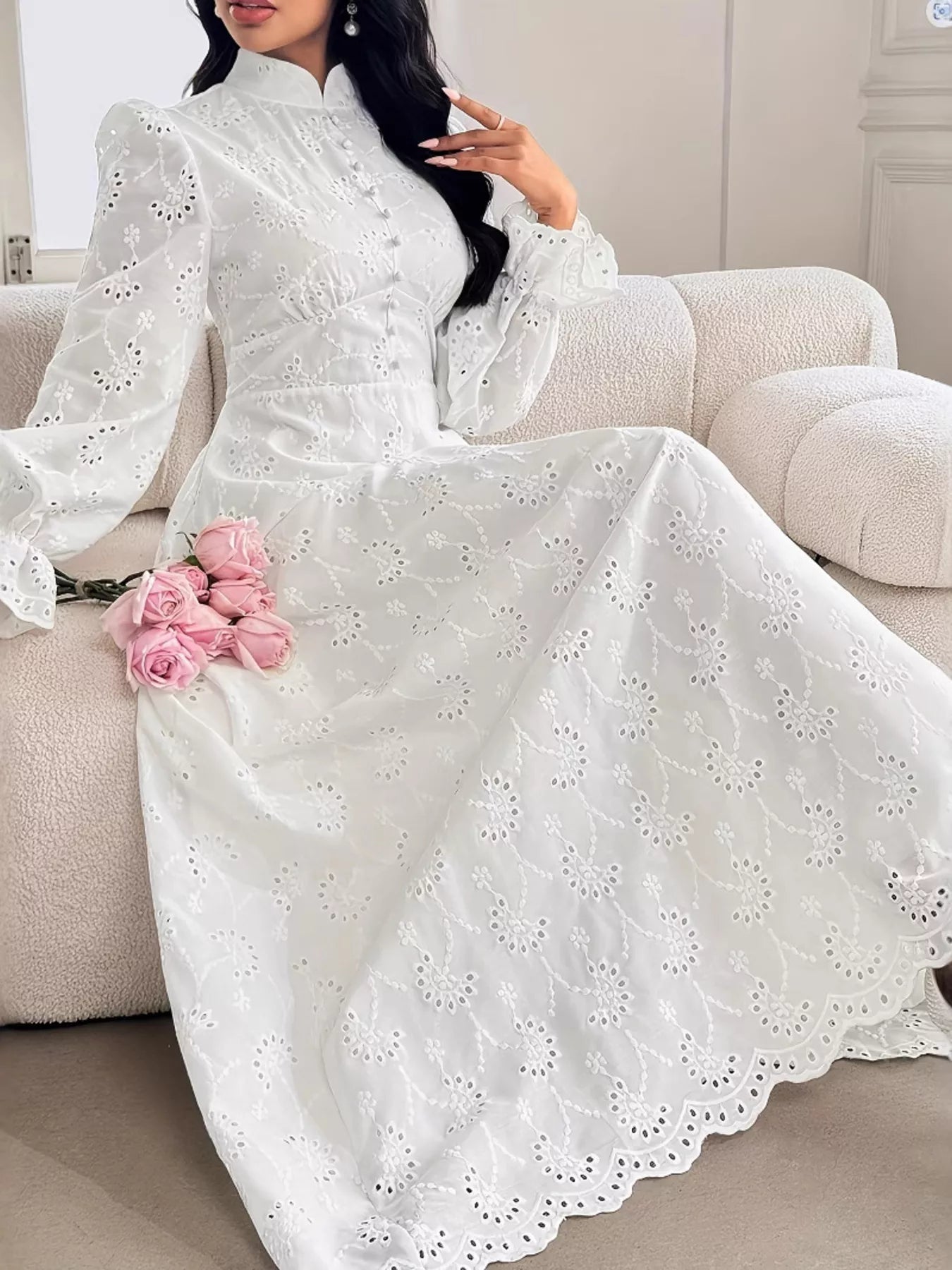 Eyelet Flounce Sleeve Maxi Dress designed for comfort and style at Lookzlike