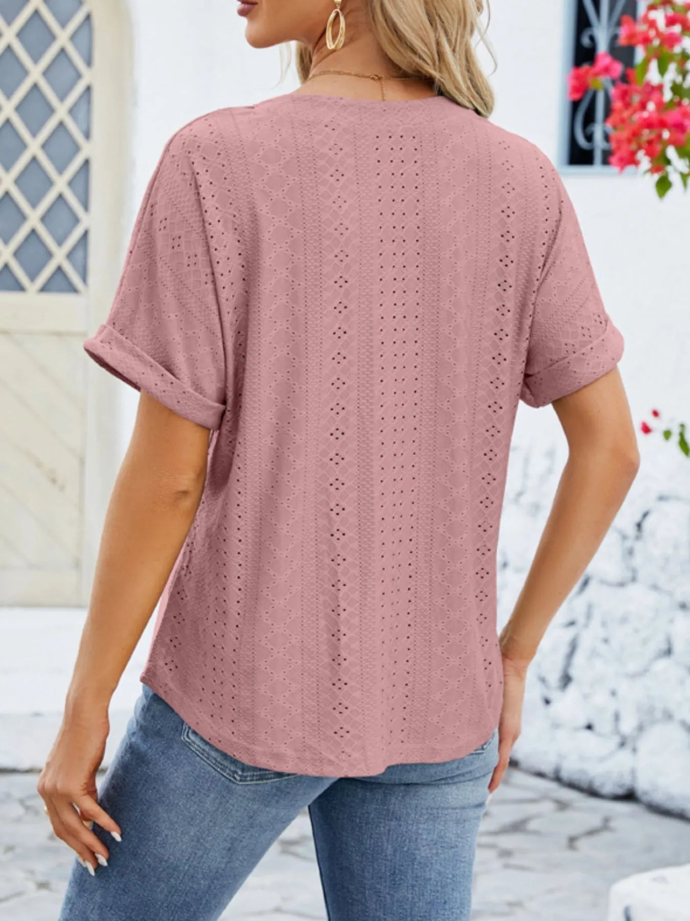 Eyelet Notched Short Sleeve Blouse designed for comfort and style at Lookzlike