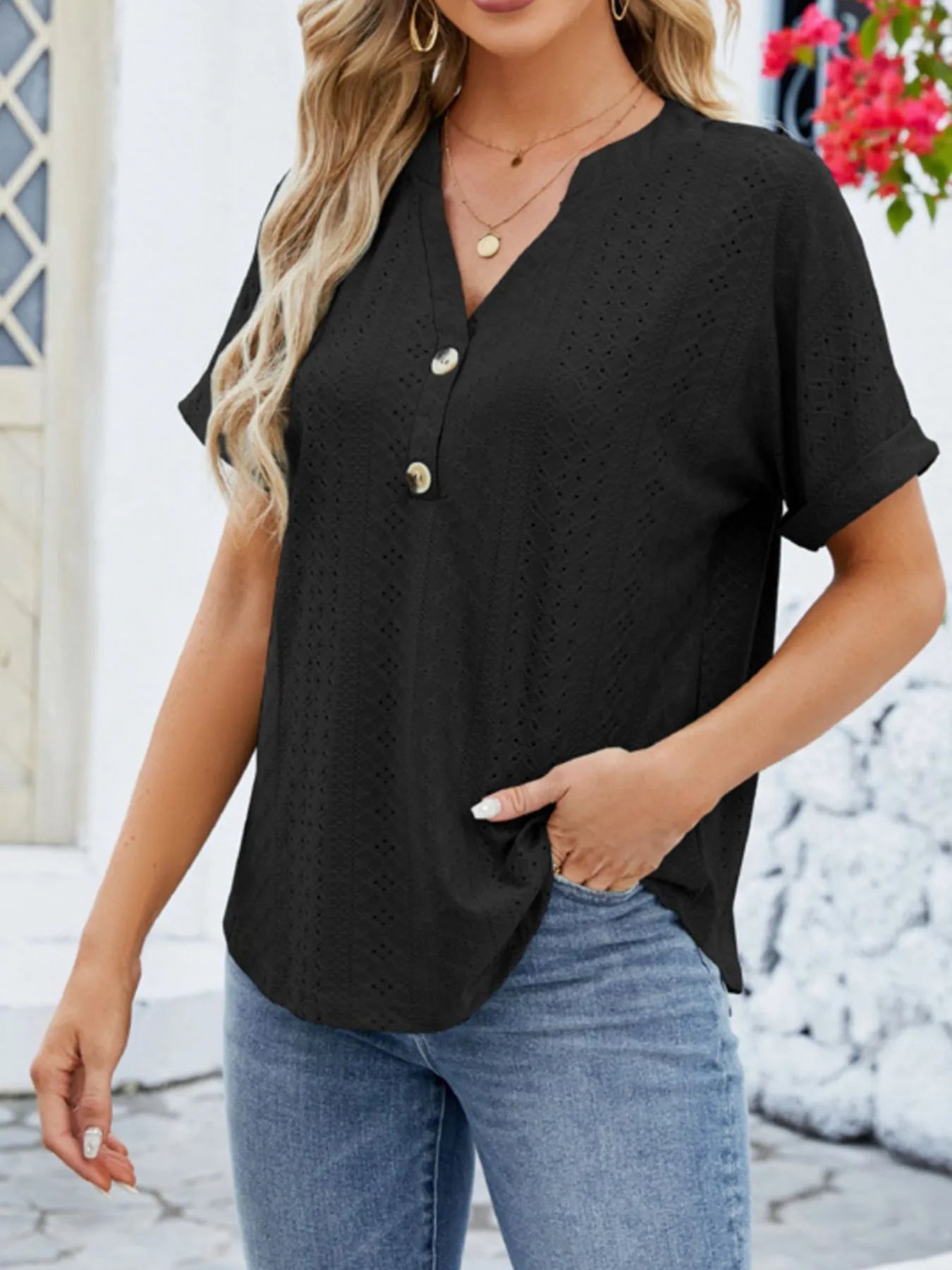 Eyelet Notched Short Sleeve Blouse designed for comfort and style at Lookzlike