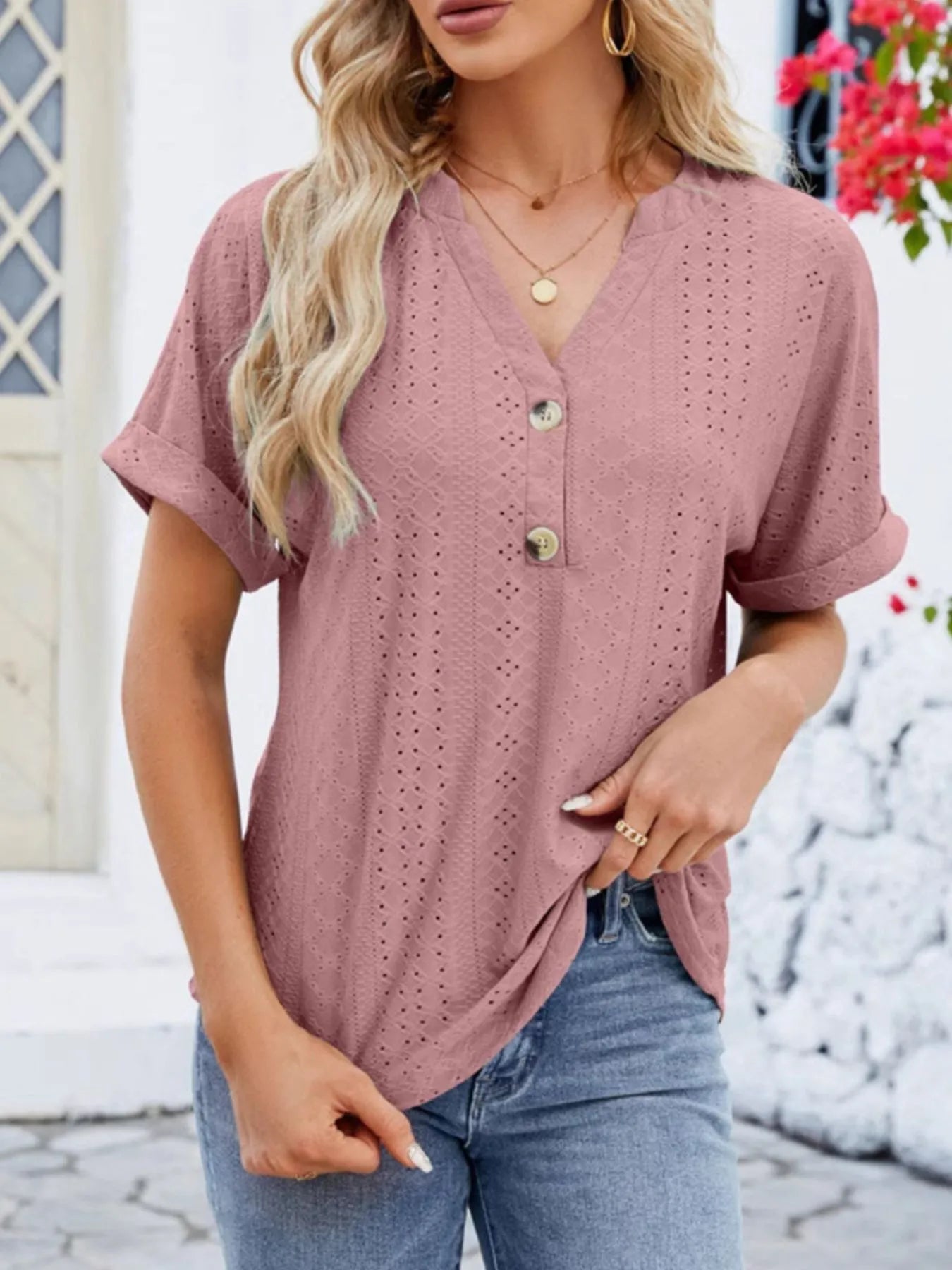 Eyelet Notched Short Sleeve Blouse designed for comfort and style at Lookzlike