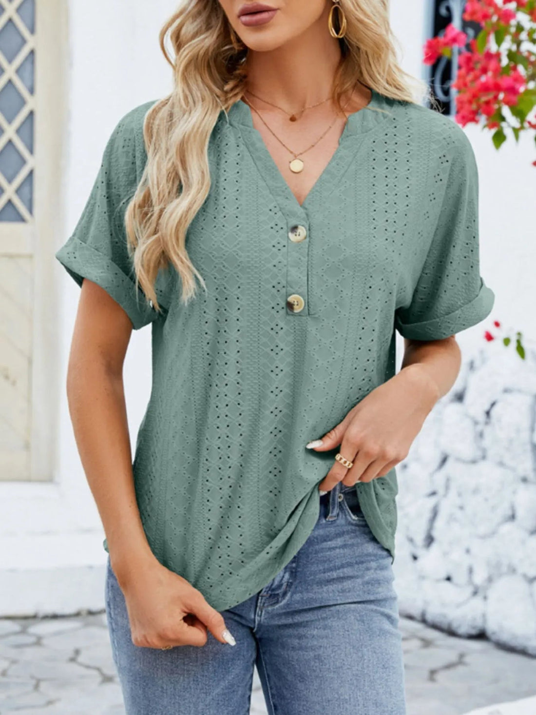 Eyelet Notched Short Sleeve Blouse designed for comfort and style at Lookzlike