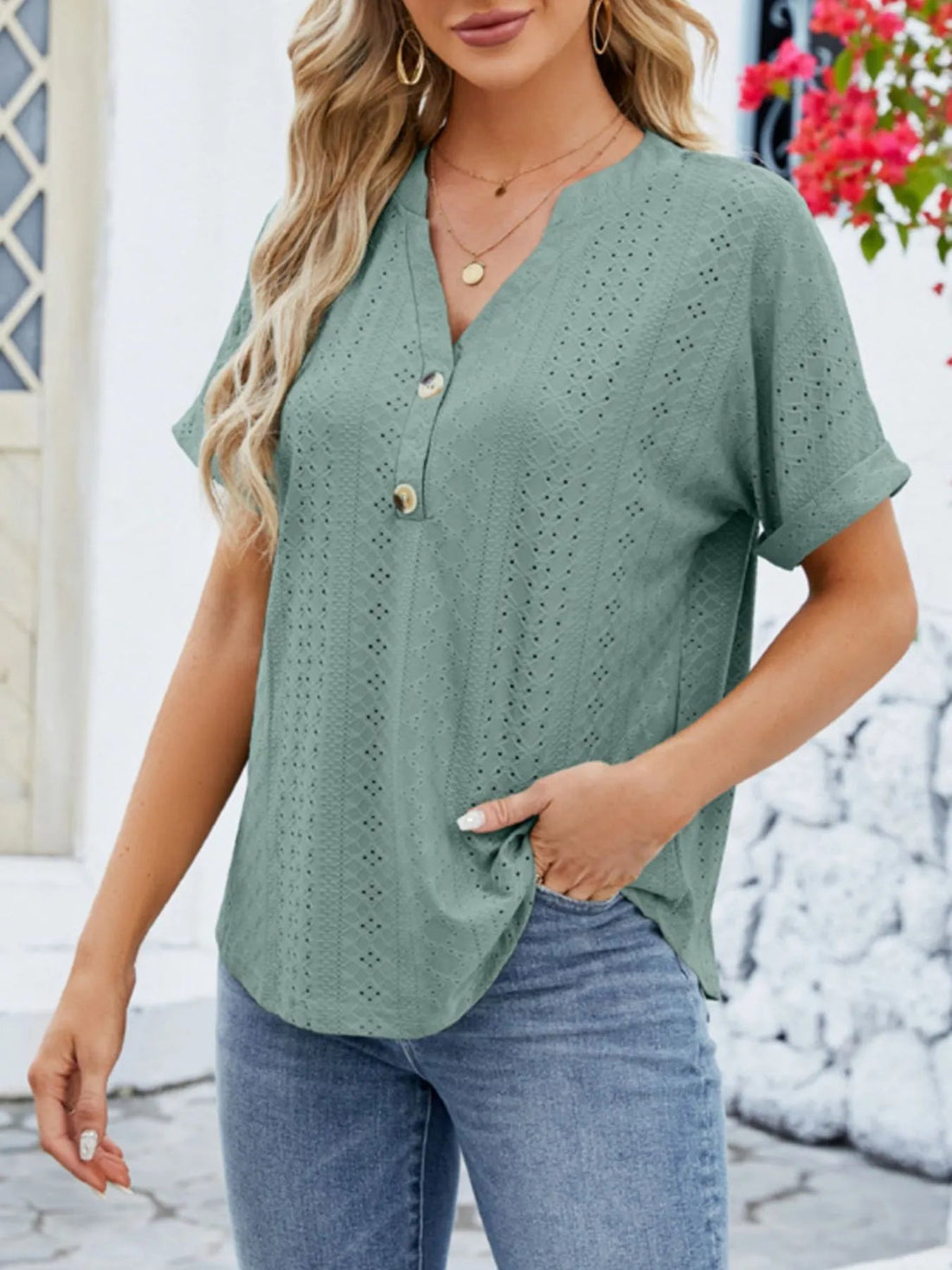 Eyelet Notched Short Sleeve Blouse designed for comfort and style at Lookzlike