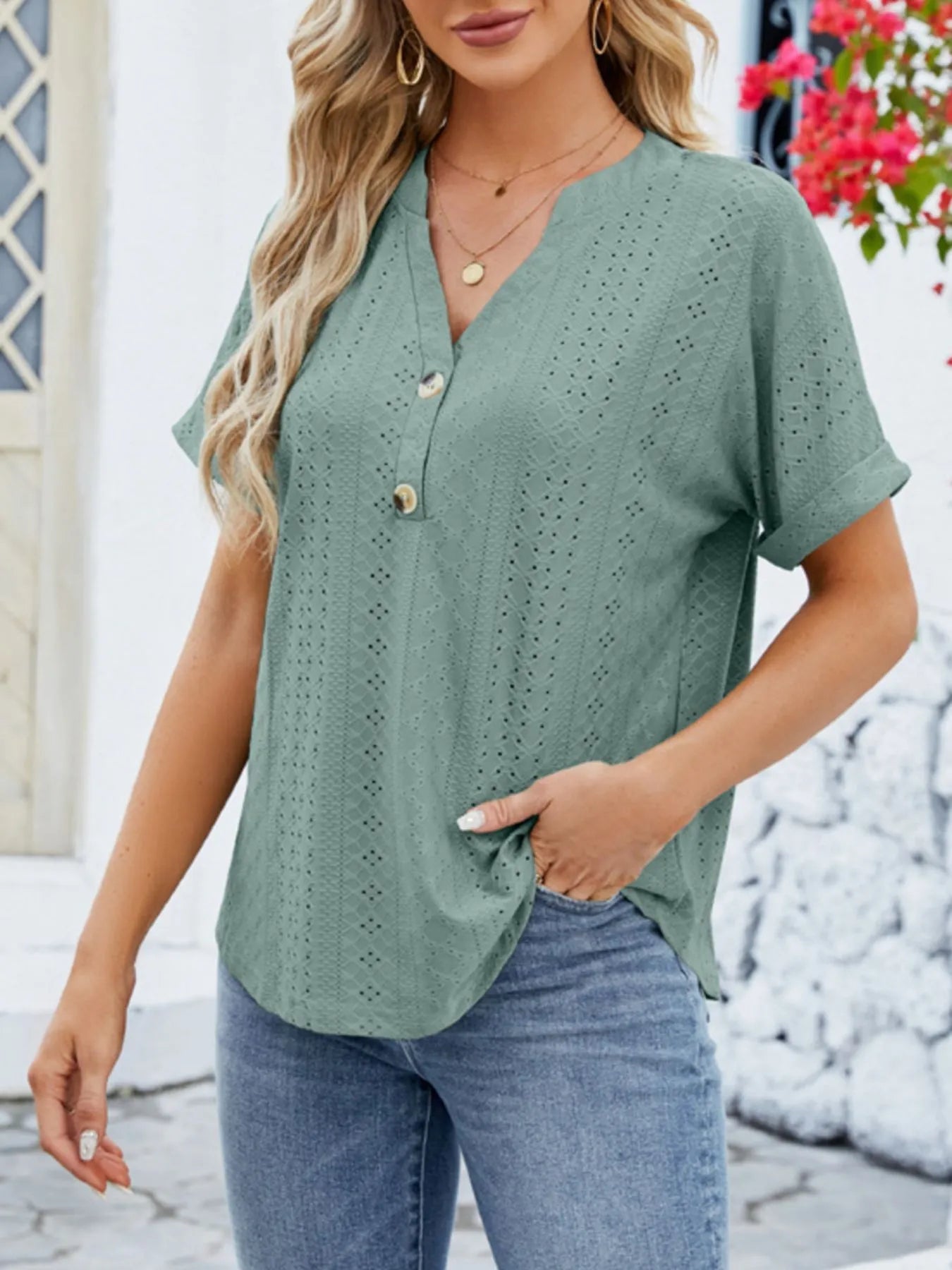 Eyelet Notched Short Sleeve Blouse designed for comfort and style at Lookzlike