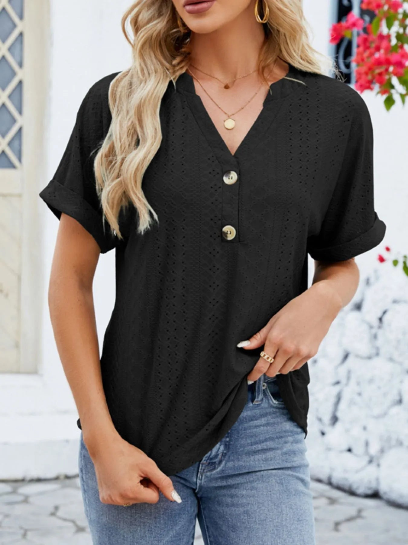 Eyelet Notched Short Sleeve Blouse designed for comfort and style at Lookzlike