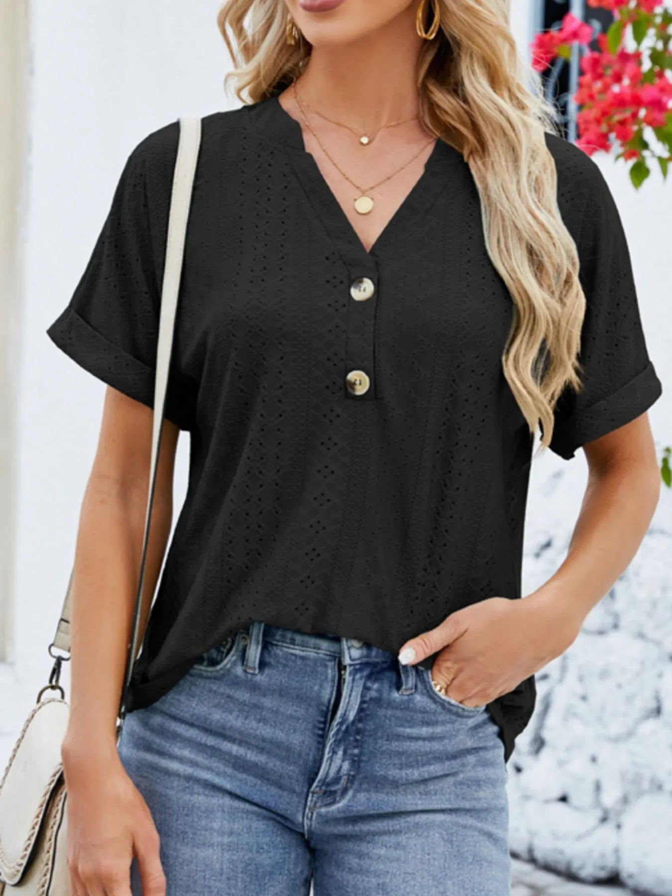 Eyelet Notched Short Sleeve Blouse designed for comfort and style at Lookzlike