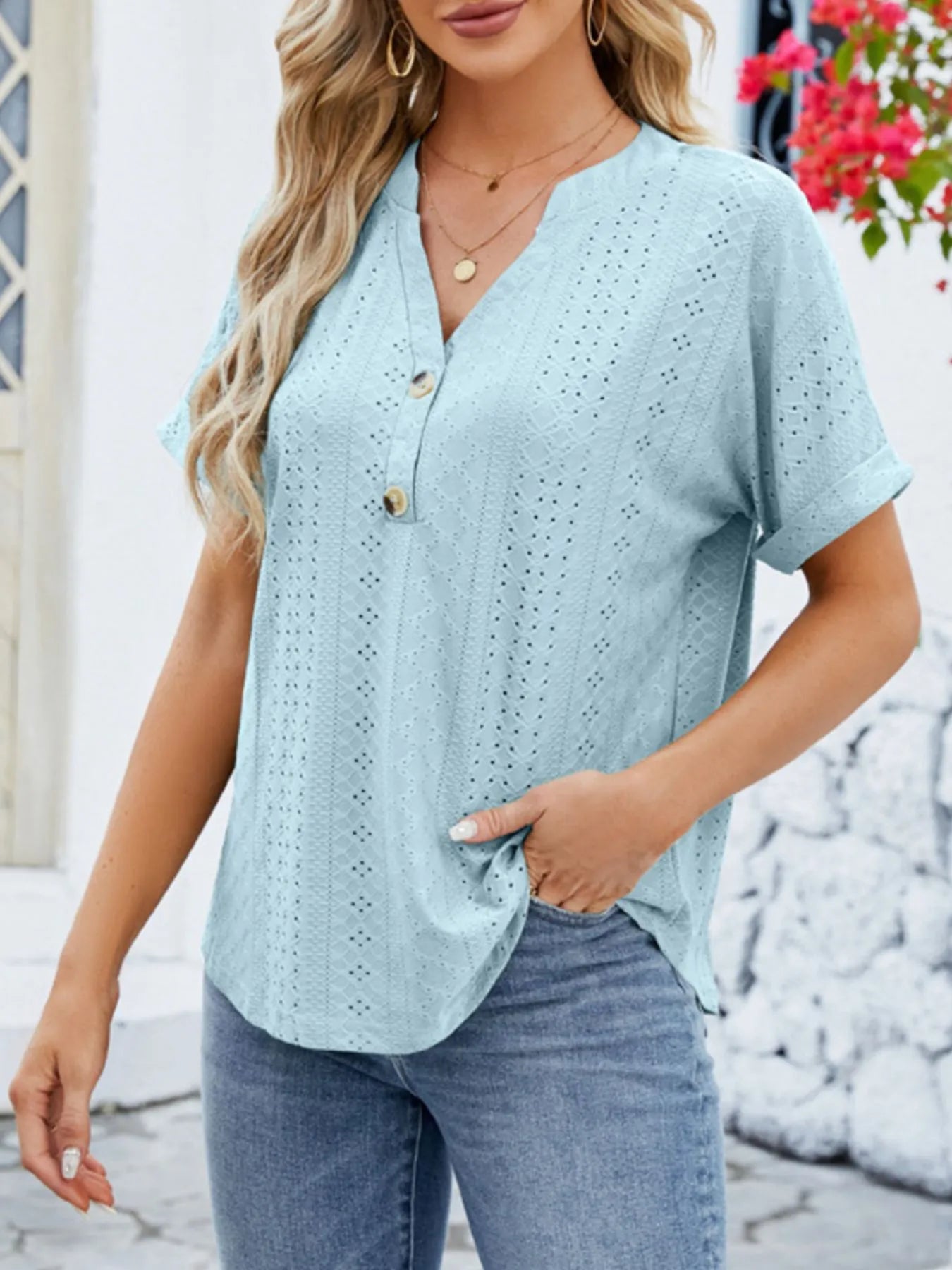 Eyelet Notched Short Sleeve Blouse designed for comfort and style at Lookzlike