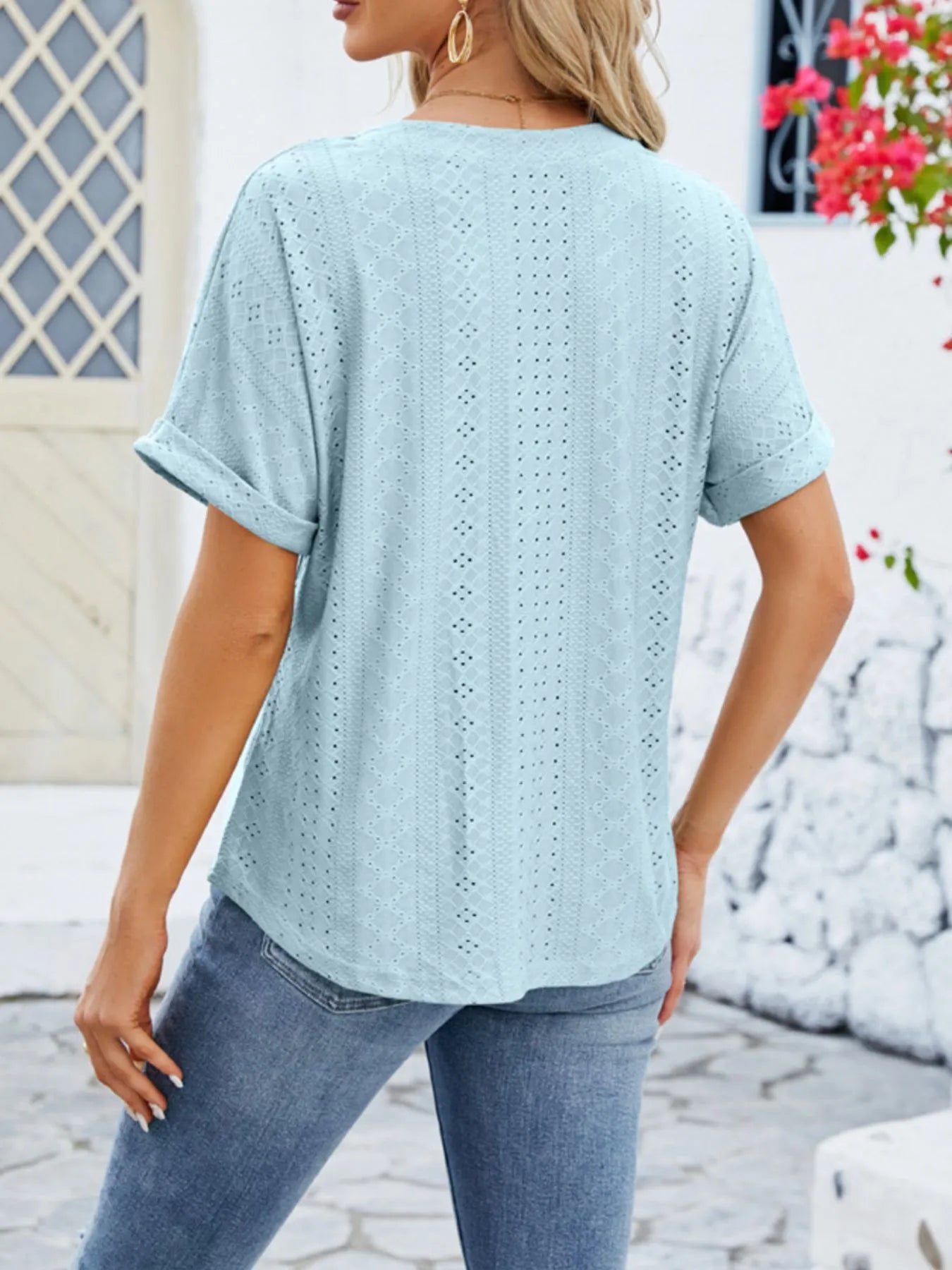 Eyelet Notched Short Sleeve Blouse designed for comfort and style at Lookzlike