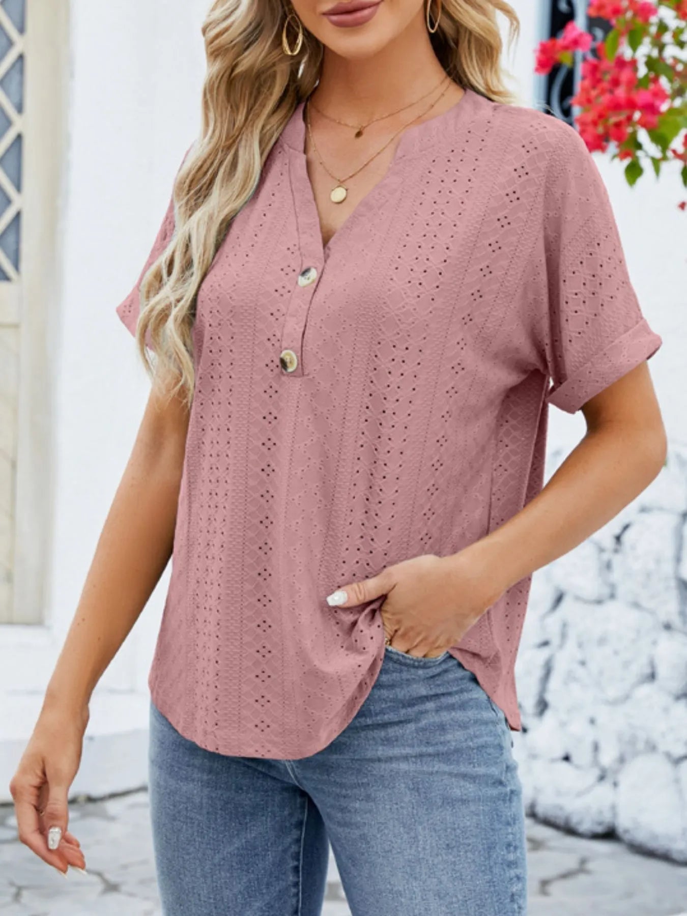 Eyelet Notched Short Sleeve Blouse designed for comfort and style at Lookzlike