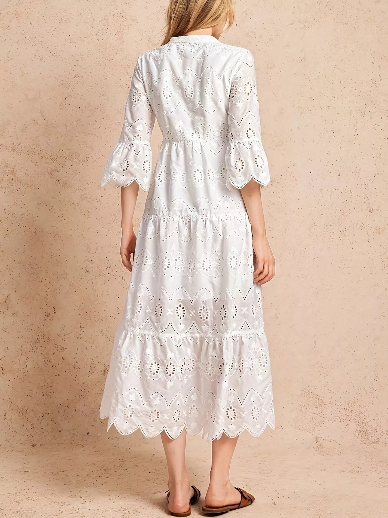 Eyelet Notched Tiered Midi Dress designed for comfort and style at Lookzlike