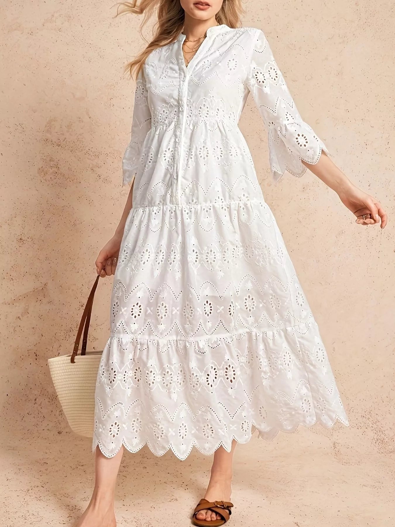 Eyelet Notched Tiered Midi Dress designed for comfort and style at Lookzlike