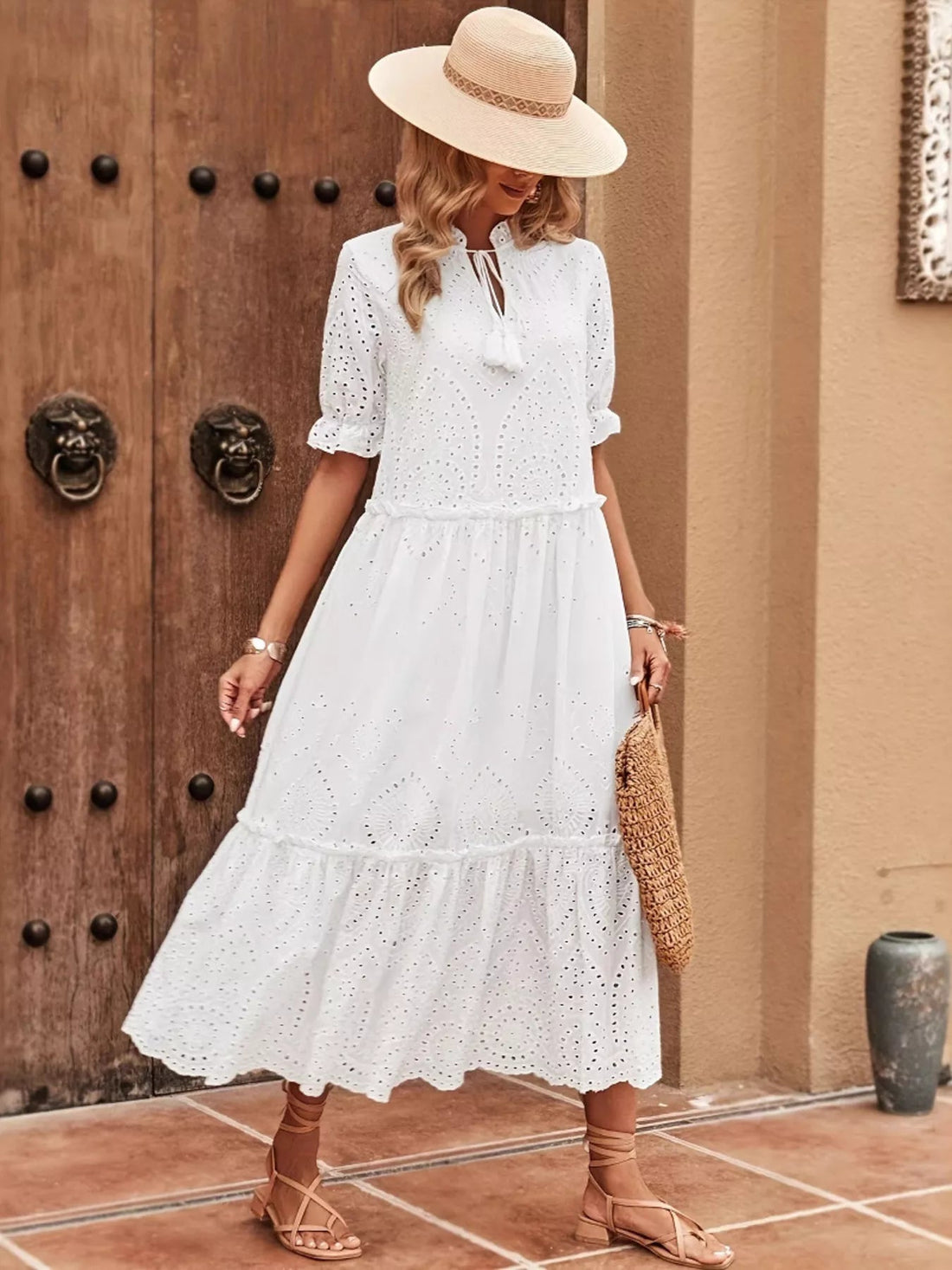 Eyelet Tie Neck Half Sleeve Midi Dress designed for comfort and style at Lookzlike