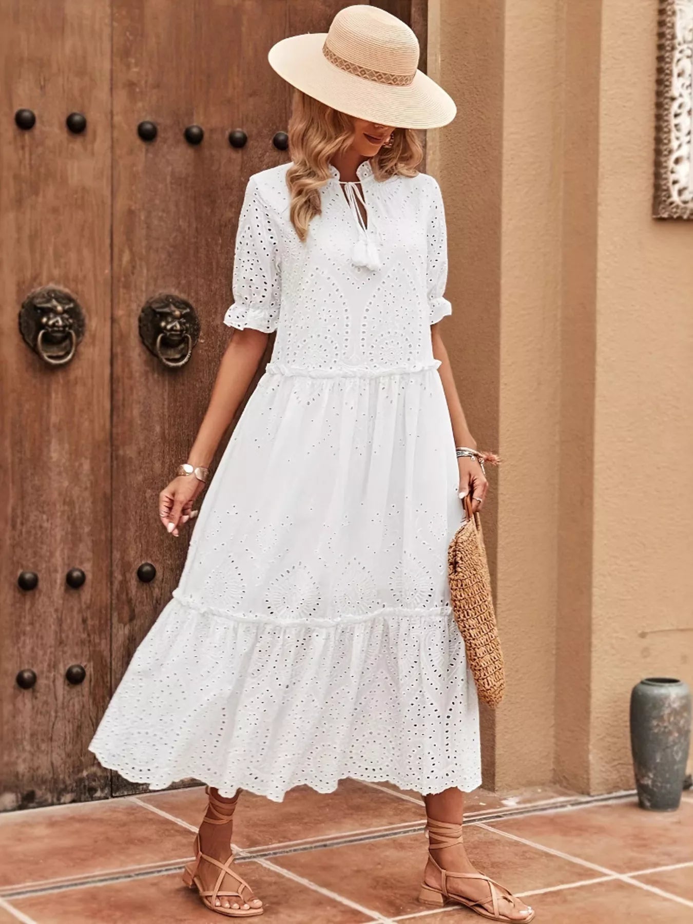 Eyelet Tie Neck Half Sleeve Midi Dress designed for comfort and style at Lookzlike