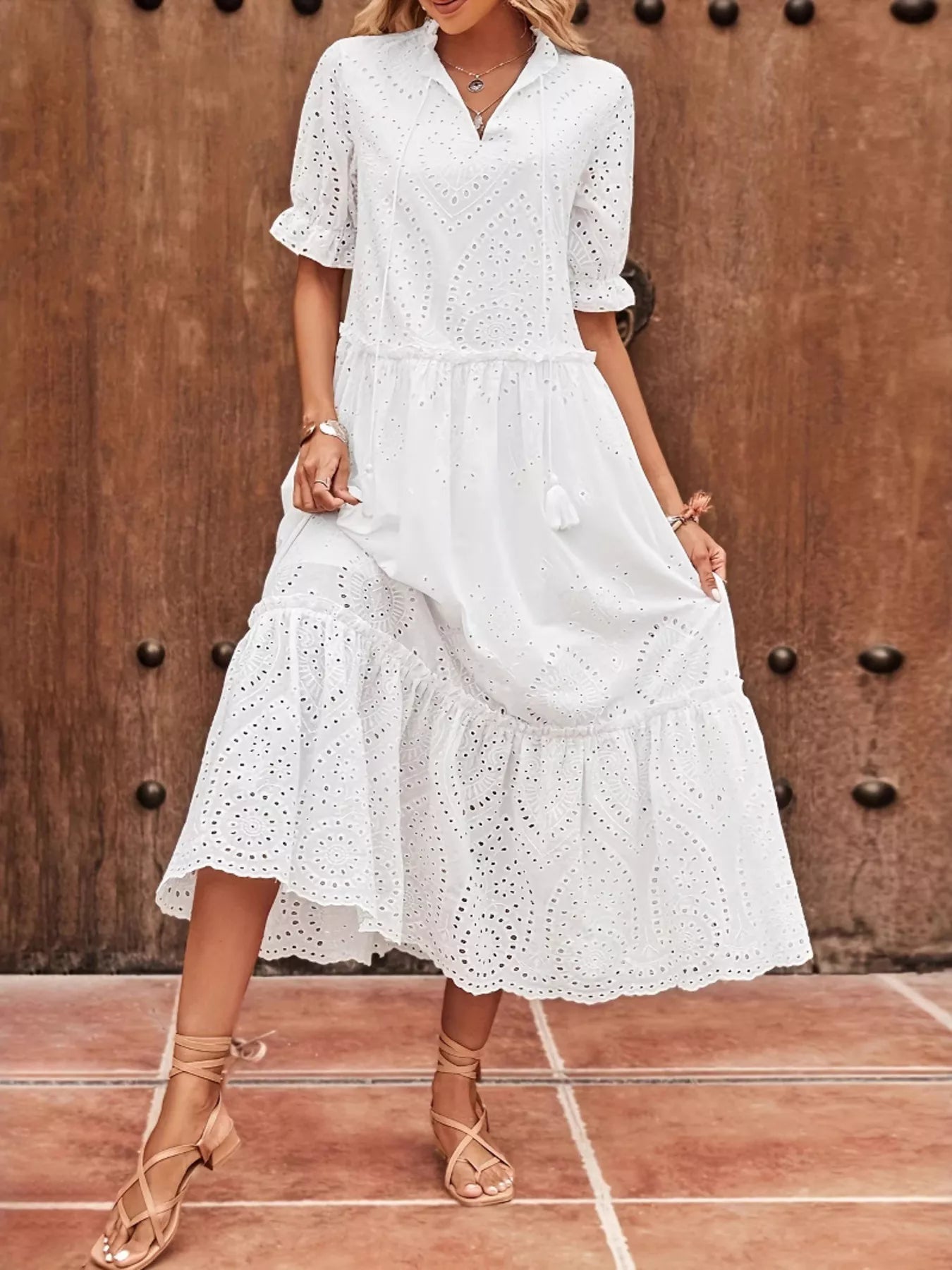 Eyelet Tie Neck Half Sleeve Midi Dress designed for comfort and style at Lookzlike