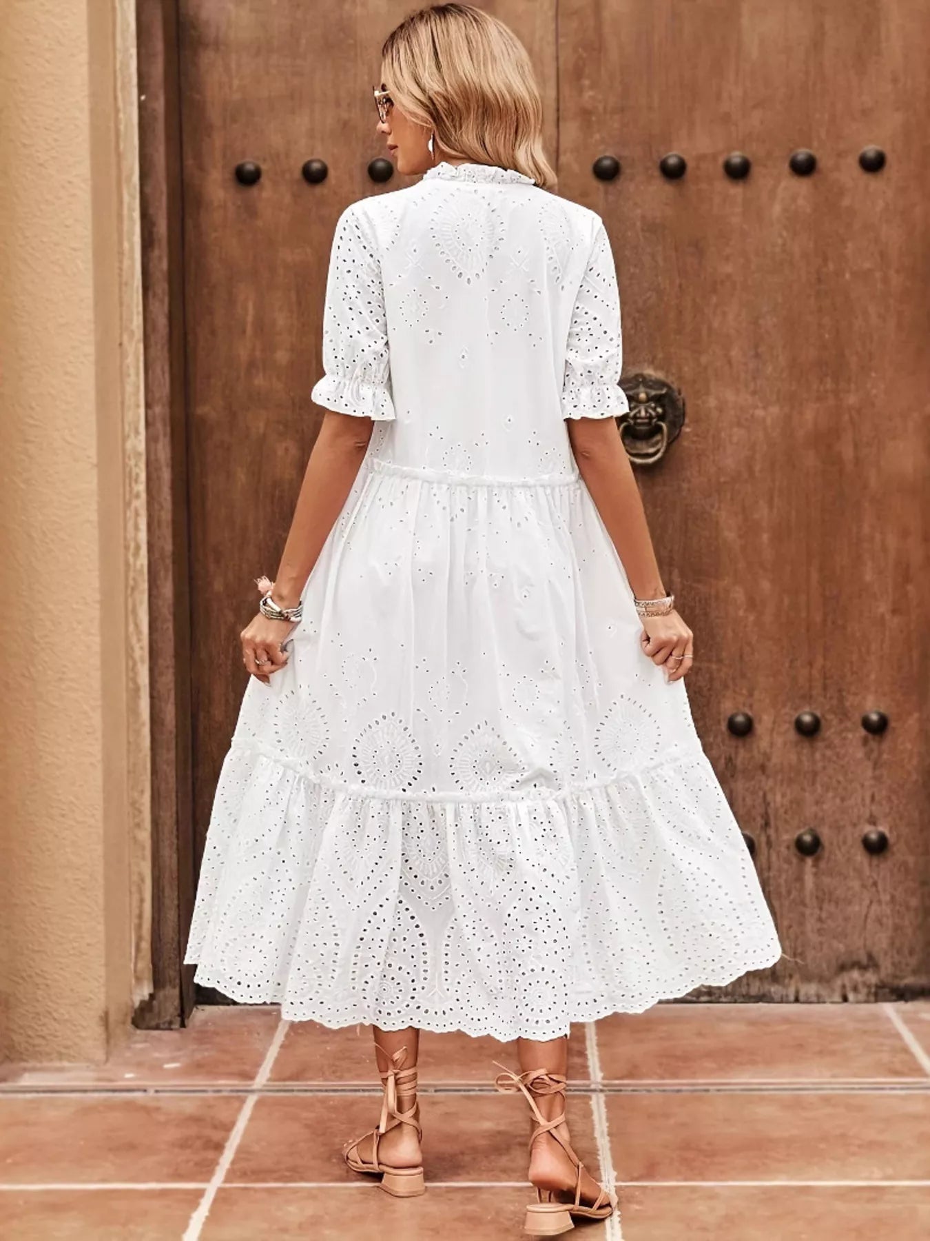 Eyelet Tie Neck Half Sleeve Midi Dress designed for comfort and style at Lookzlike