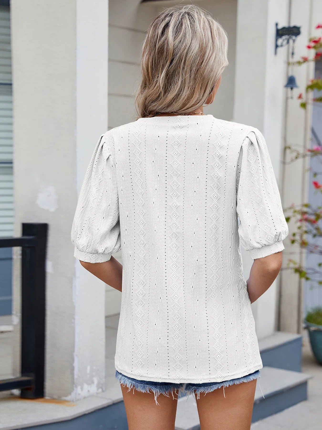 Eyelet V-Neck Puff Sleeve Casual Top - Lookzlike