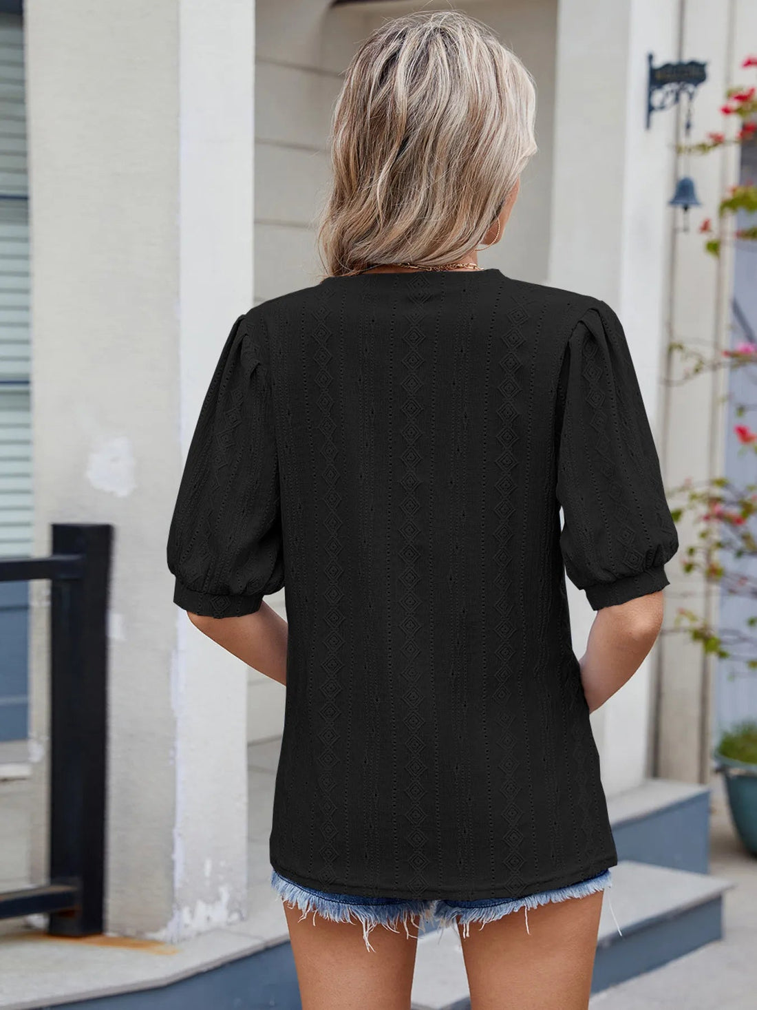 Eyelet V-Neck Puff Sleeve Casual Top - Lookzlike