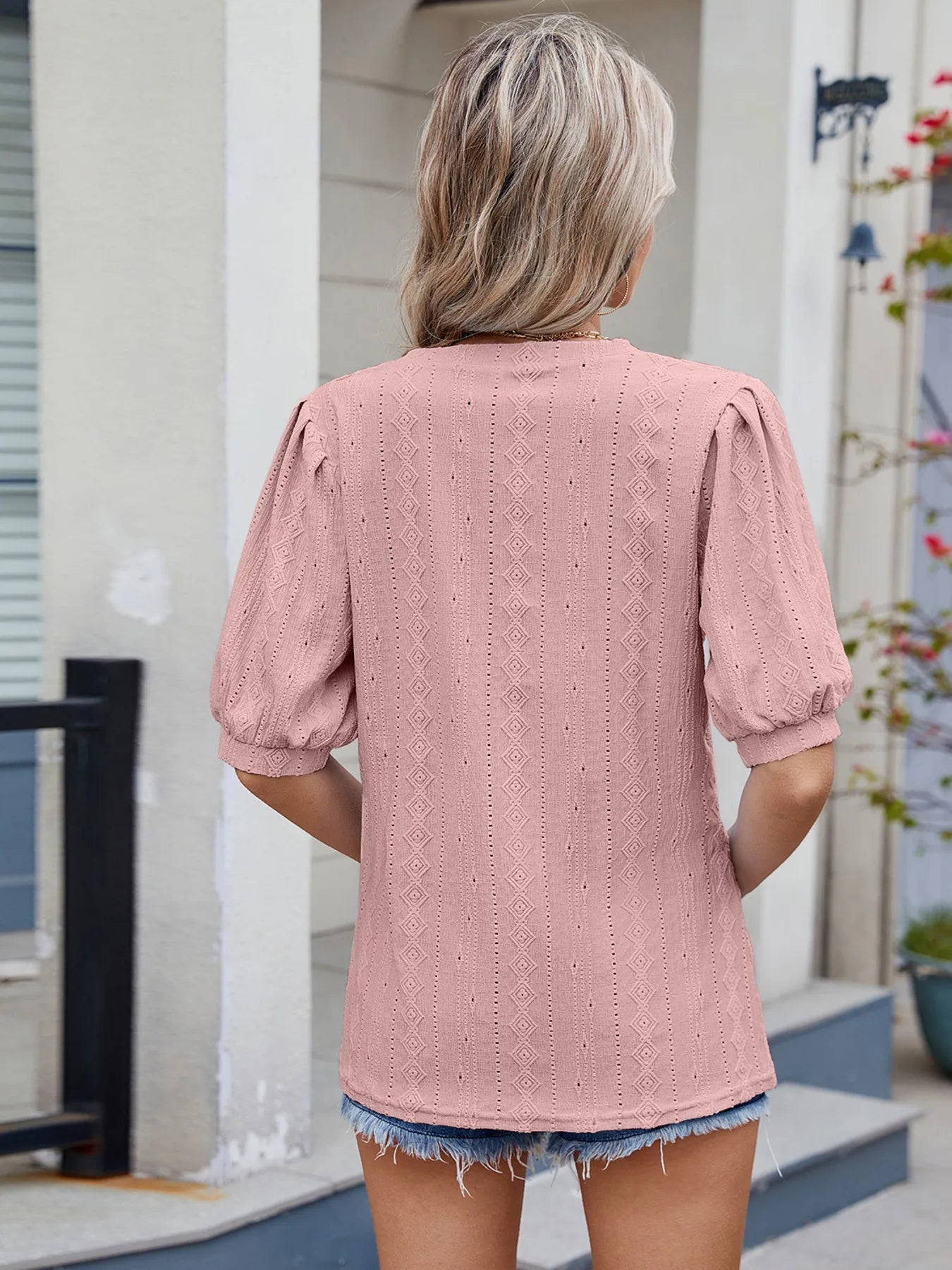 Eyelet V-Neck Puff Sleeve Casual Top - Lookzlike