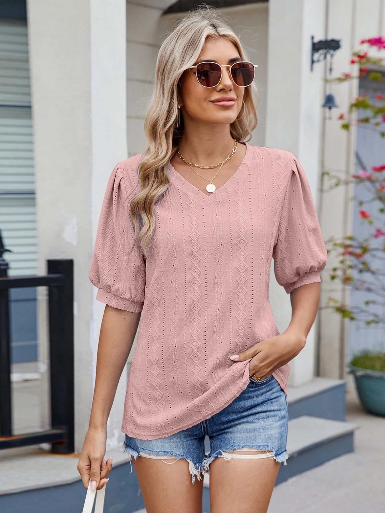 Eyelet V-Neck Puff Sleeve Casual Top - Lookzlike