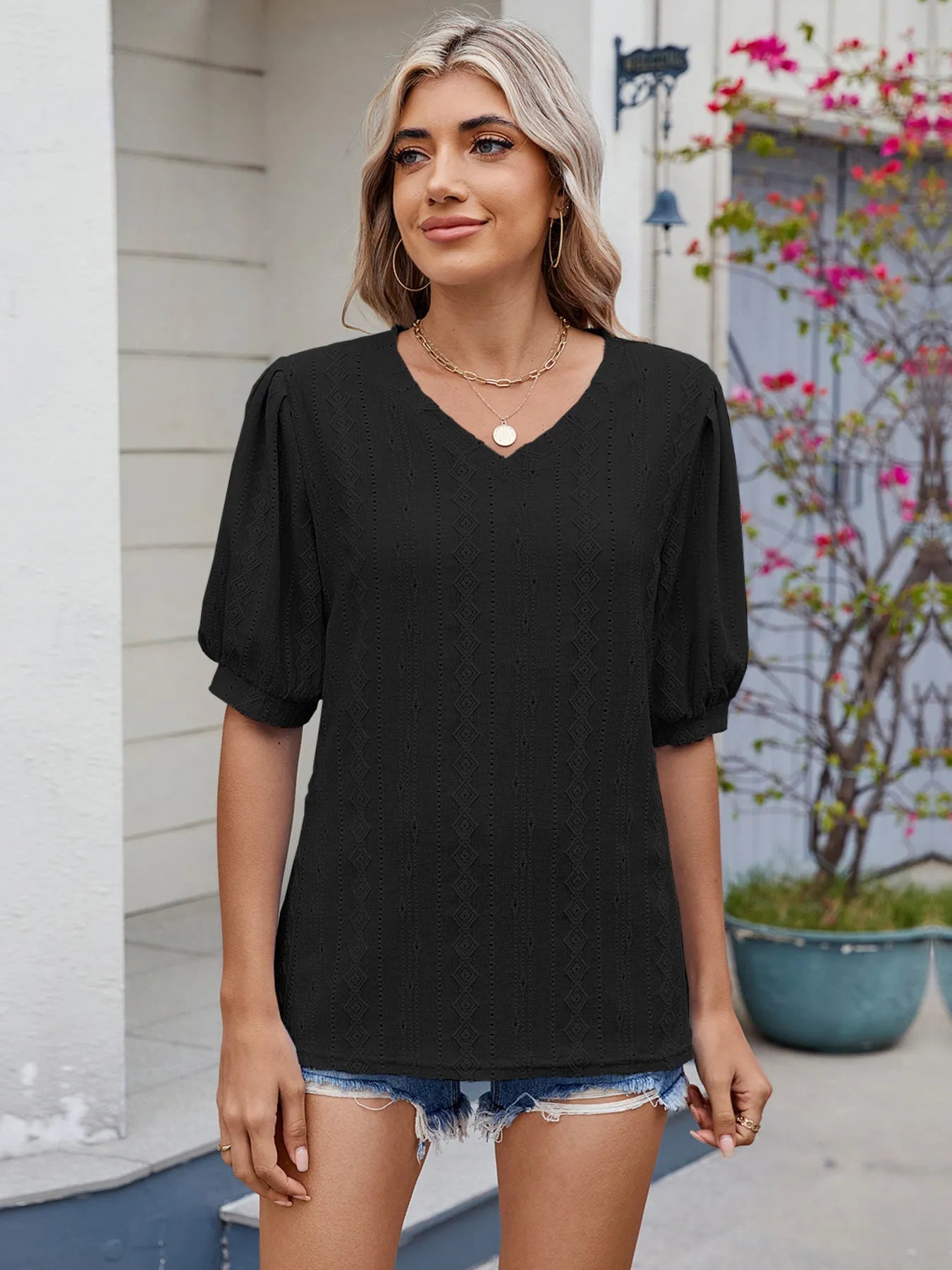 Eyelet V-Neck Puff Sleeve Casual Top - Lookzlike