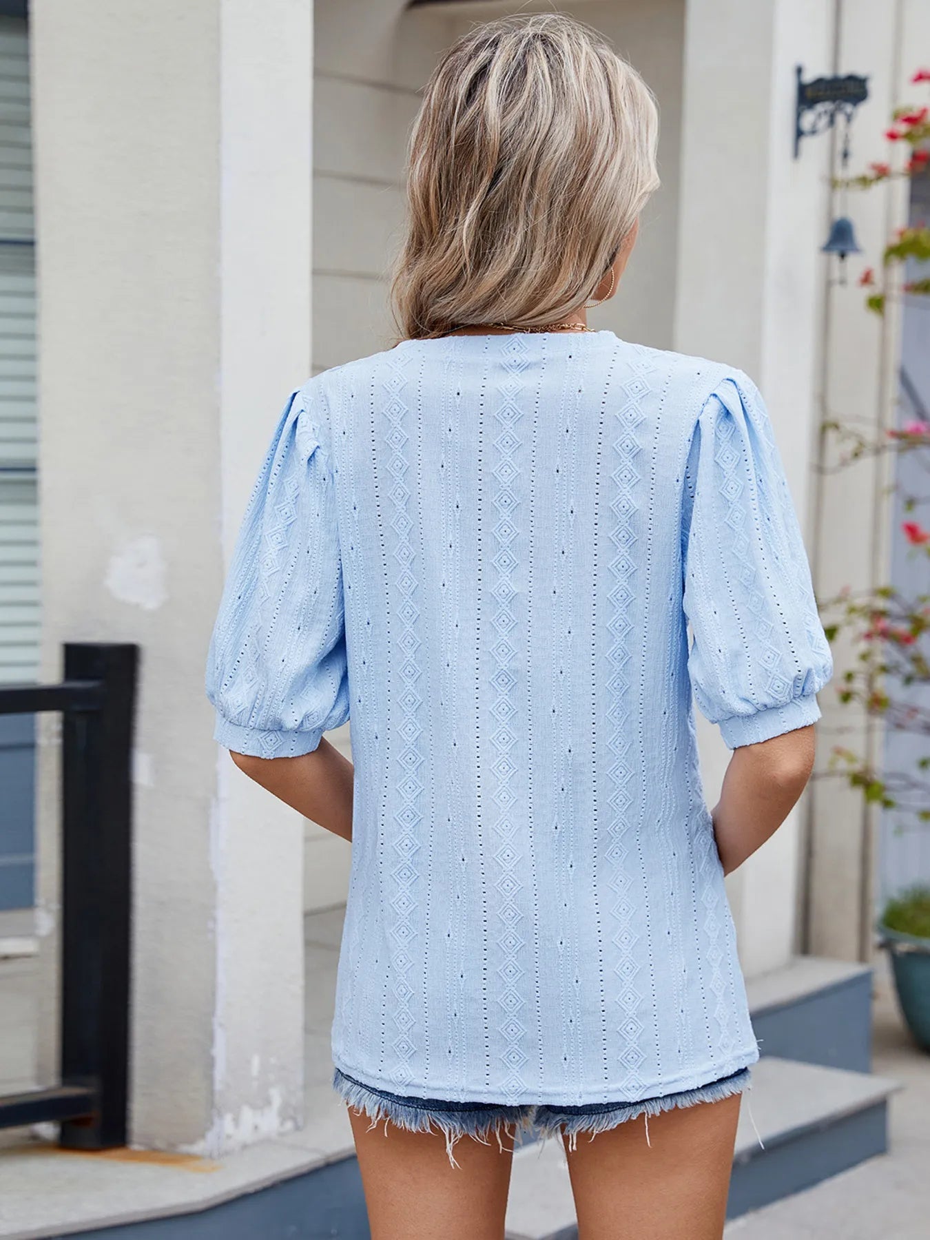 Eyelet V-Neck Puff Sleeve Casual Top - Lookzlike