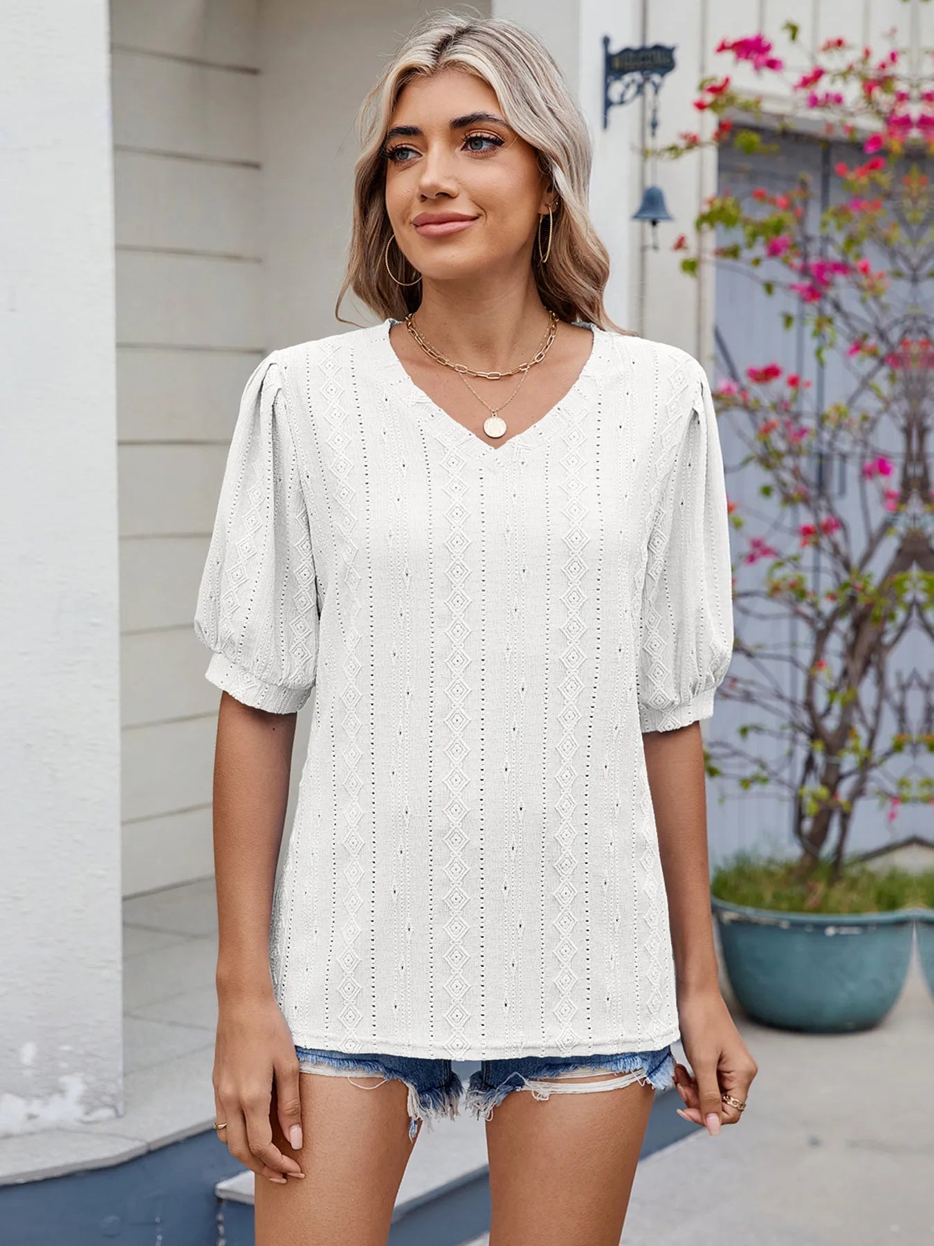 Eyelet V-Neck Puff Sleeve Casual Top - Lookzlike