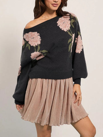 Floral Boat Neck Long Sleeve Sweater designed for comfort and style at Lookzlike