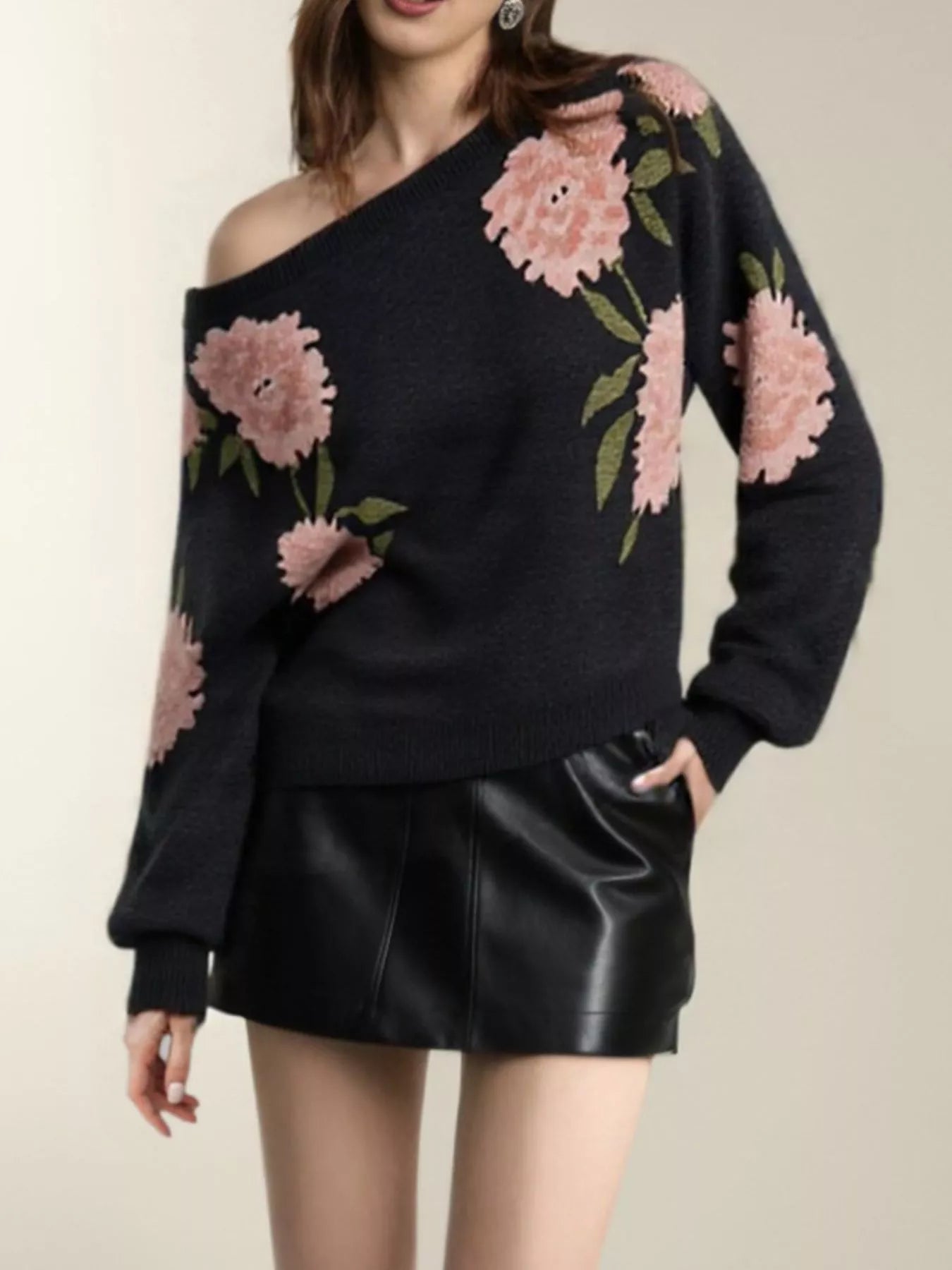 Floral Boat Neck Long Sleeve Sweater designed for comfort and style at Lookzlike