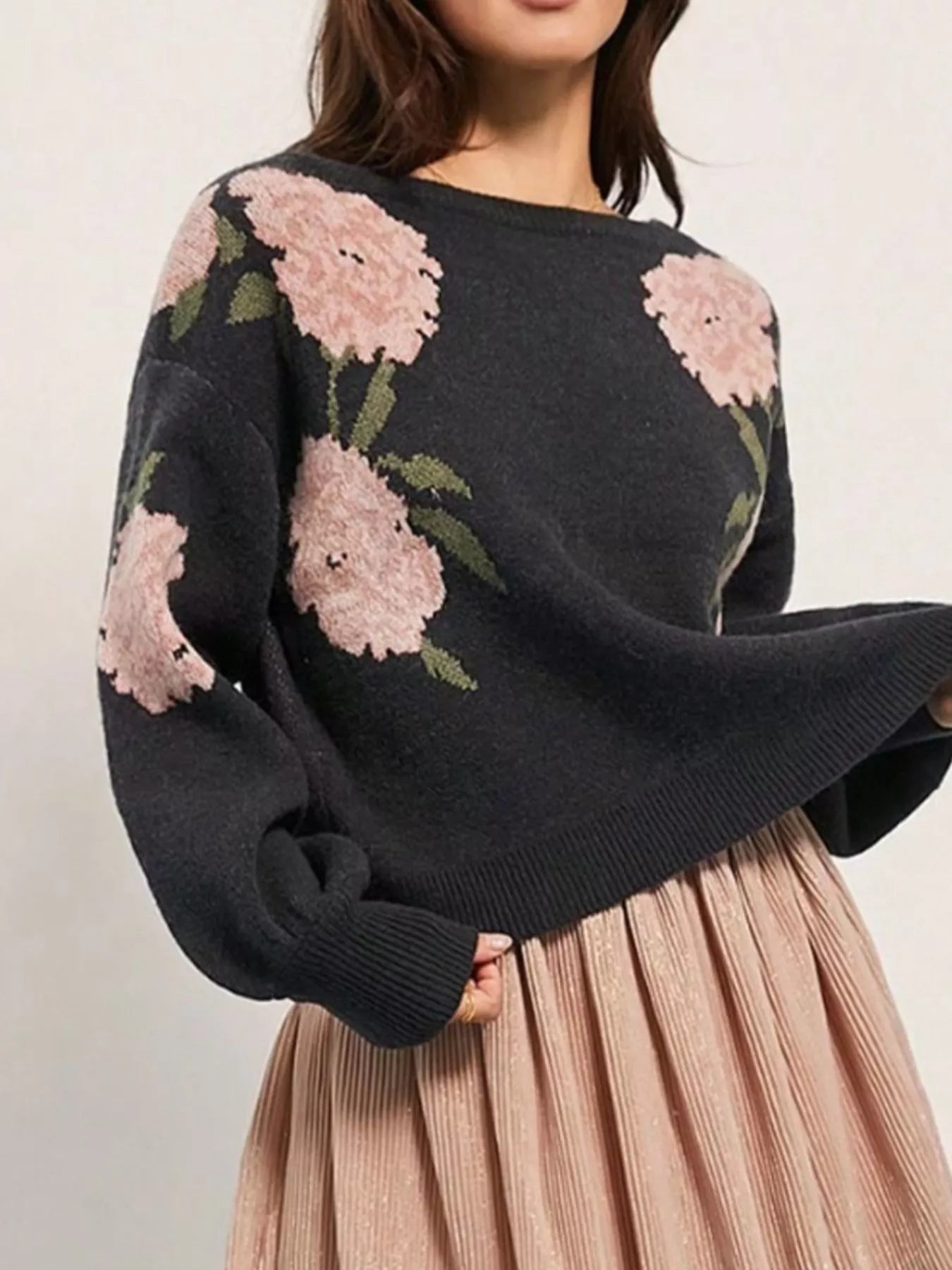 Floral Boat Neck Long Sleeve Sweater designed for comfort and style at Lookzlike