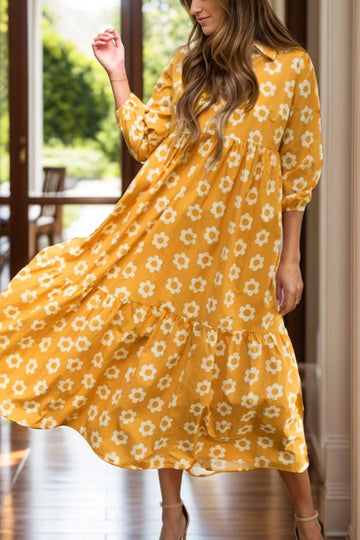 Floral Collared Neck Three-Quarter Sleeve Dress designed for comfort and style at Lookzlike