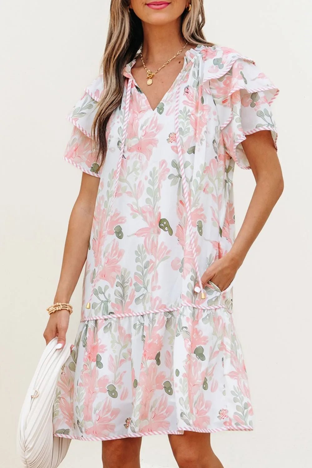 Floral Contrast Edge Layered Short Sleeve Mini Dress - Lookzlike