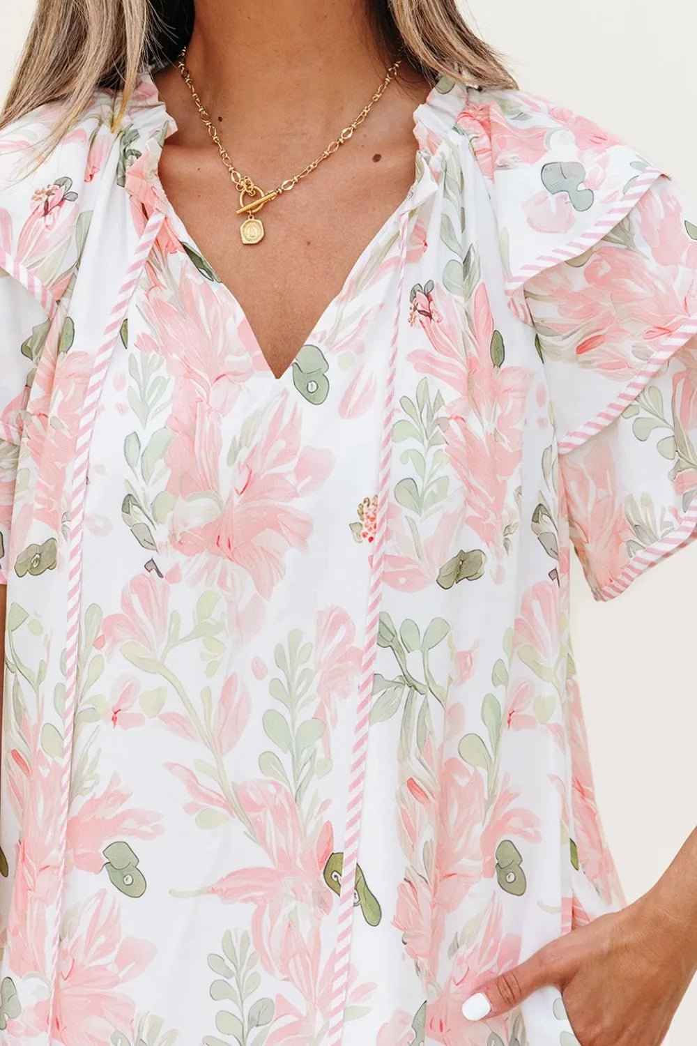 Floral Contrast Edge Layered Short Sleeve Mini Dress - Lookzlike