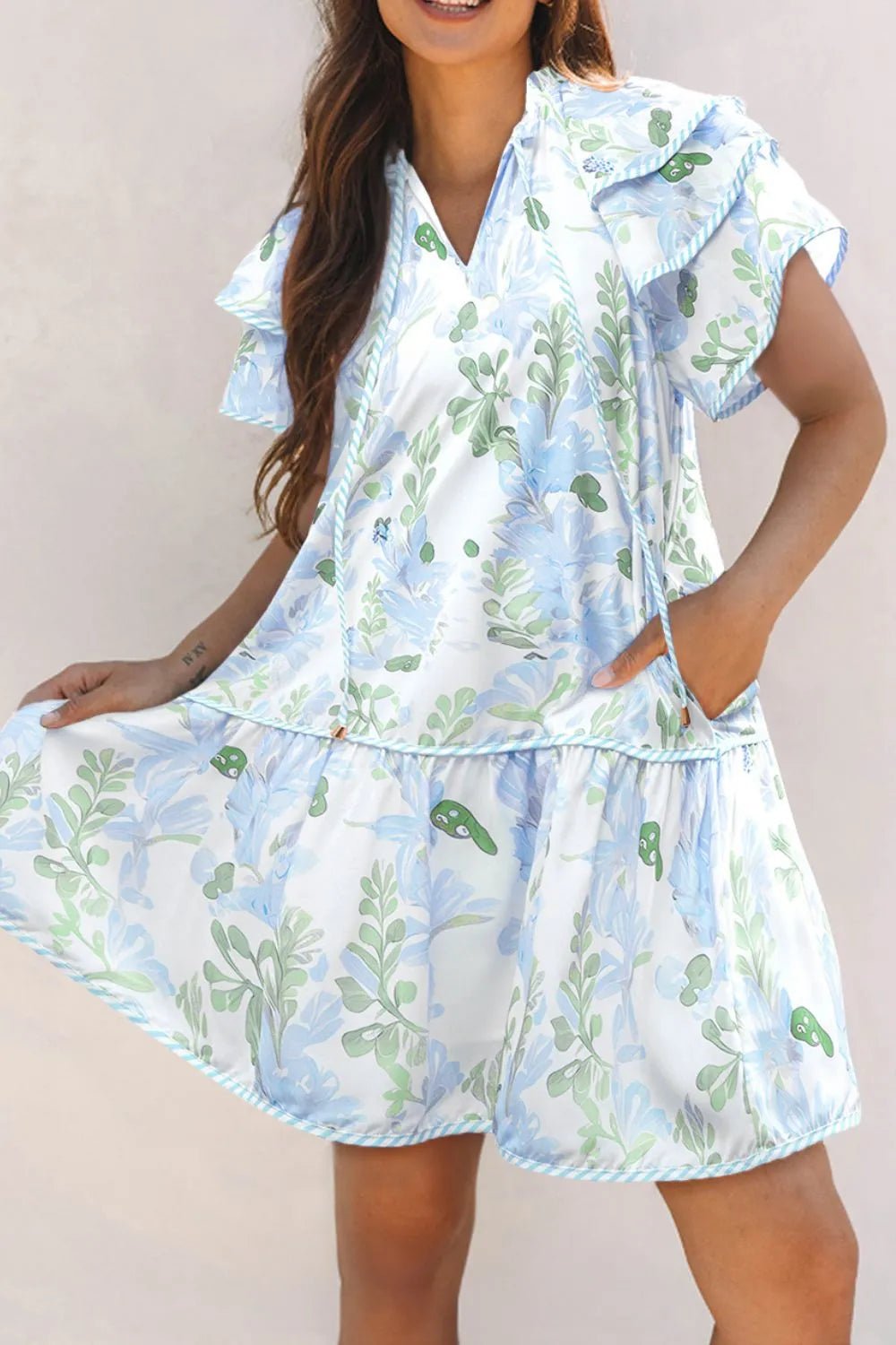 Floral Contrast Edge Layered Short Sleeve Mini Dress - Lookzlike