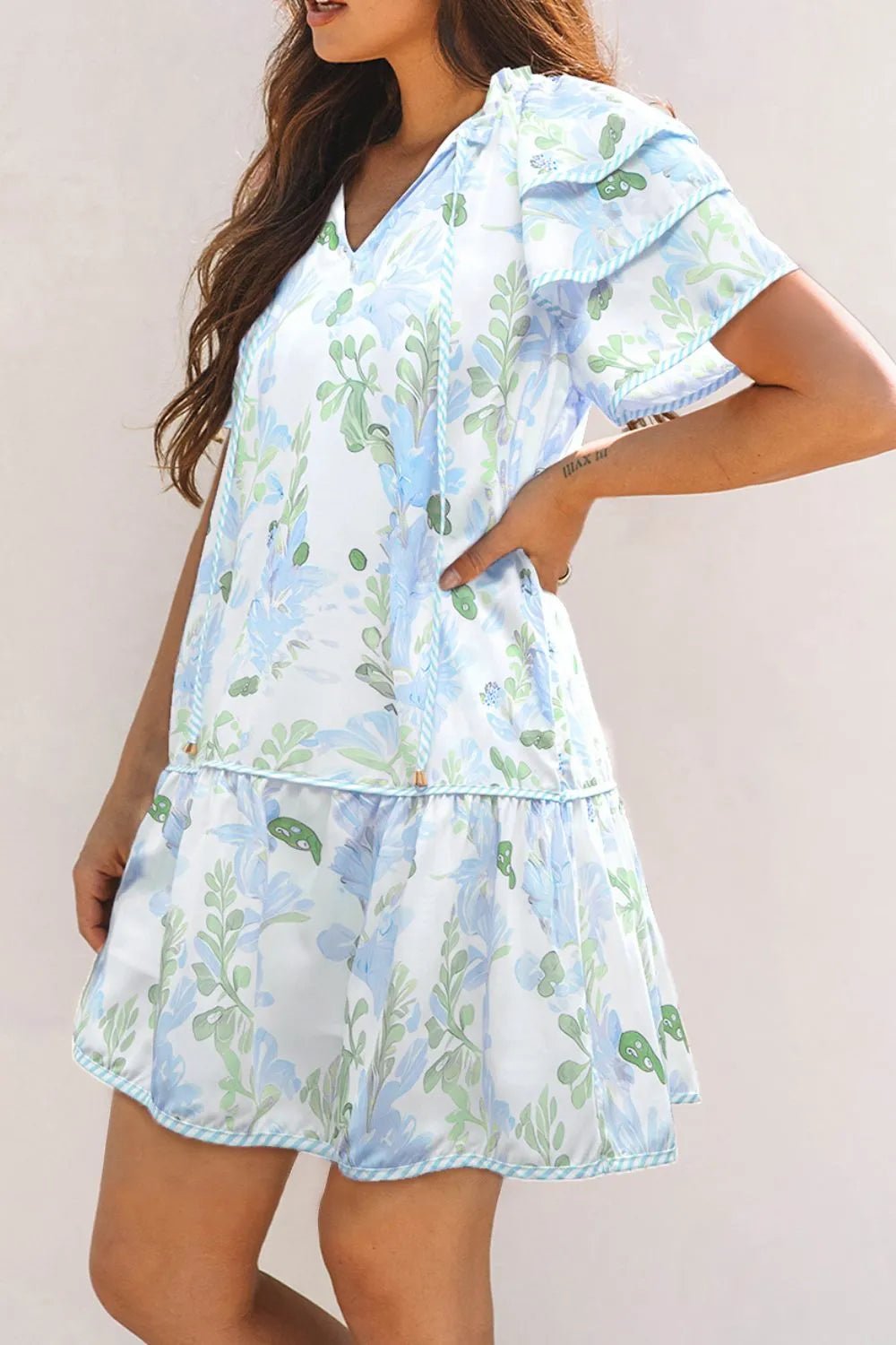 Floral Contrast Edge Layered Short Sleeve Mini Dress - Lookzlike