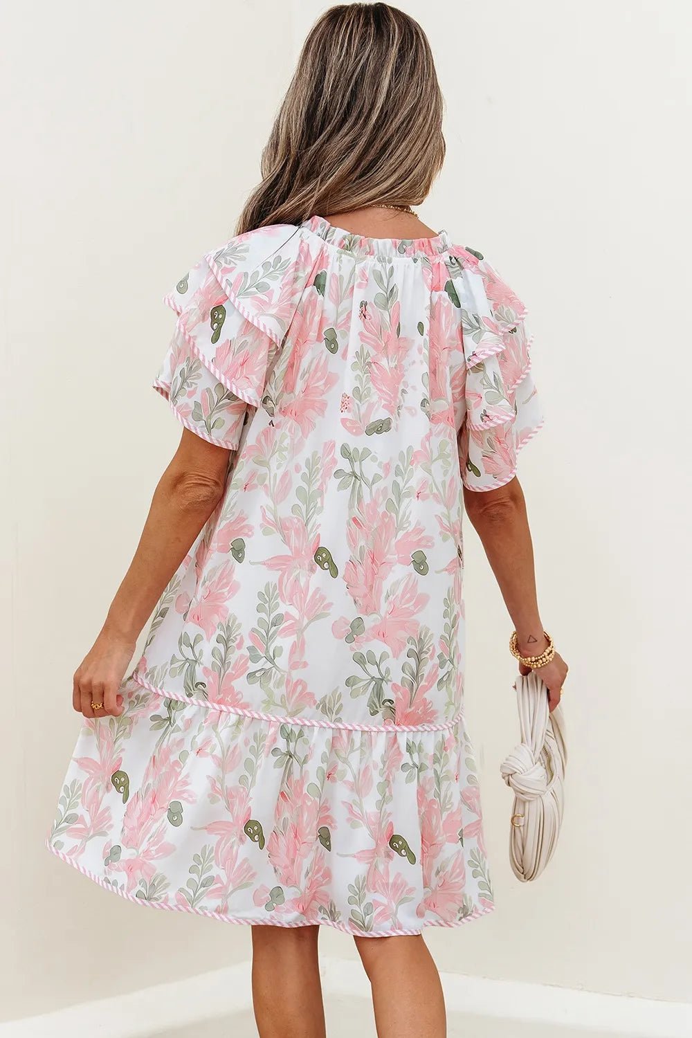 Floral Contrast Edge Layered Short Sleeve Mini Dress - Lookzlike