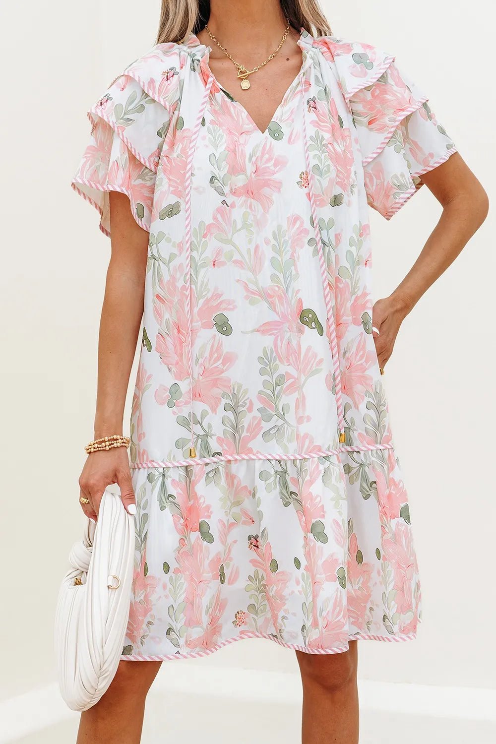 Floral Contrast Edge Layered Short Sleeve Mini Dress - Lookzlike