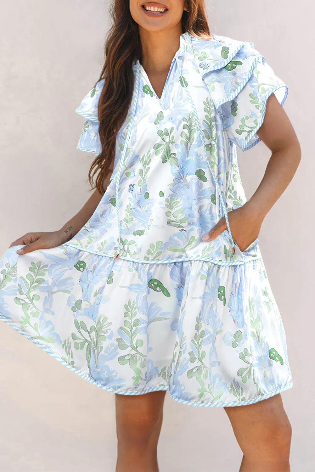 Floral Contrast Edge Layered Short Sleeve Mini Dress - Lookzlike
