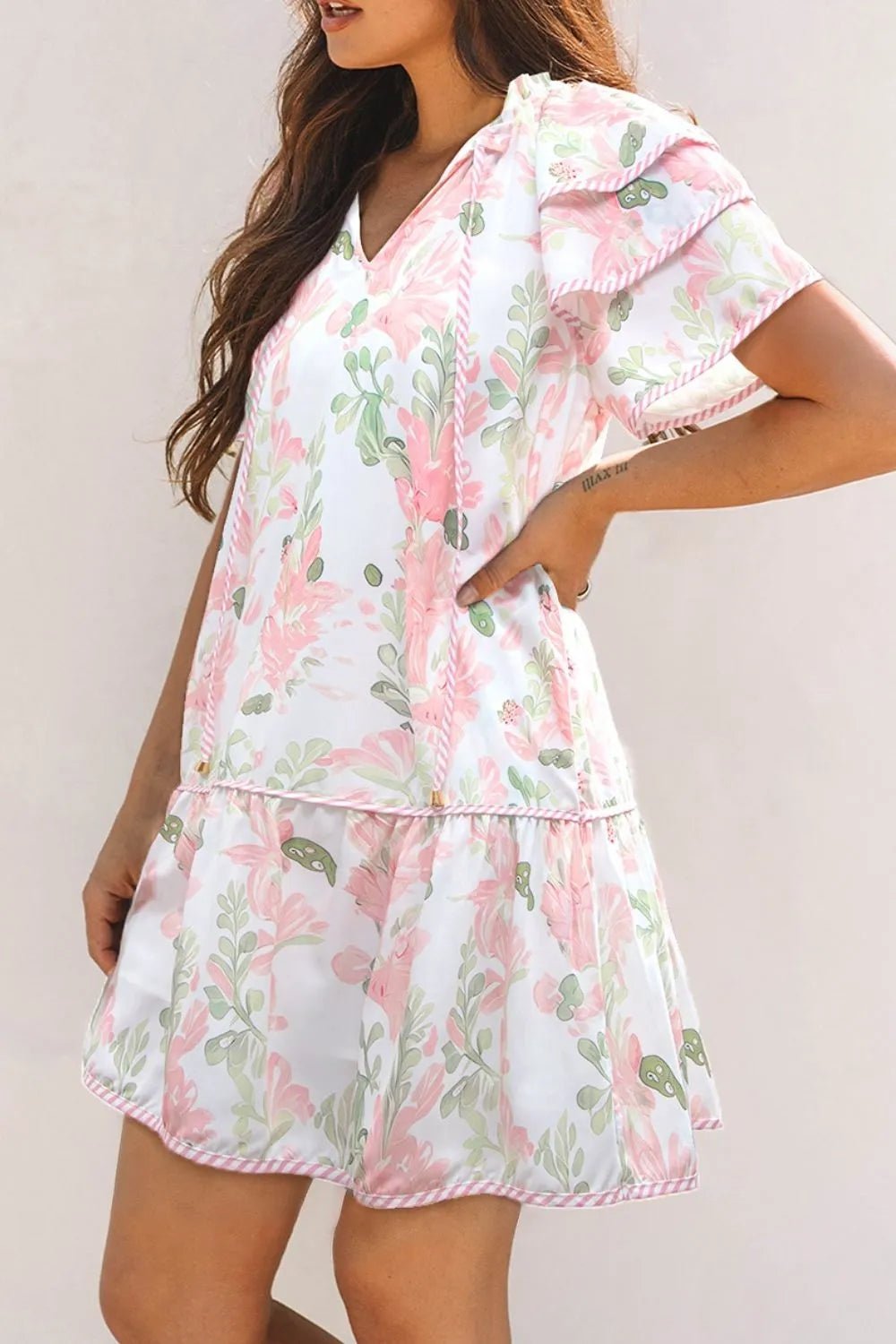 Floral Contrast Edge Layered Short Sleeve Mini Dress - Lookzlike