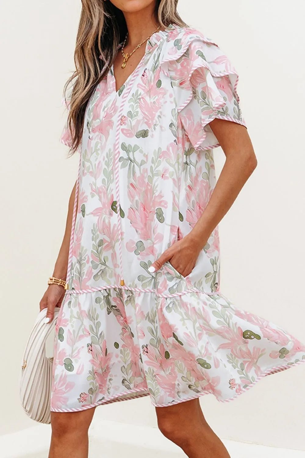 Floral Contrast Edge Layered Short Sleeve Mini Dress - Lookzlike