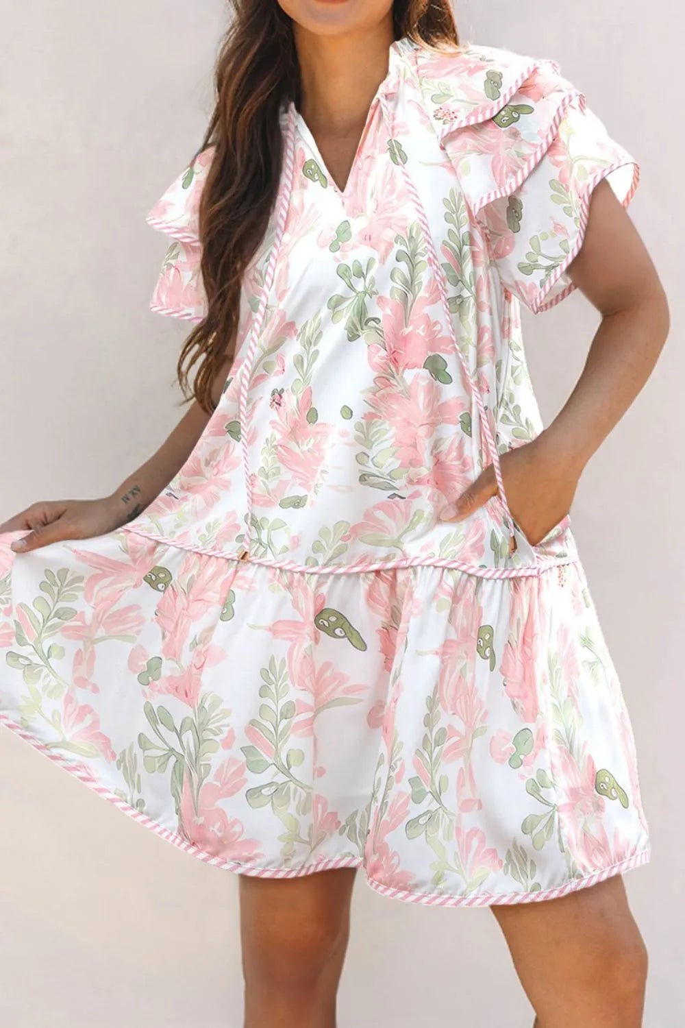 Floral Contrast Edge Layered Short Sleeve Mini Dress - Lookzlike