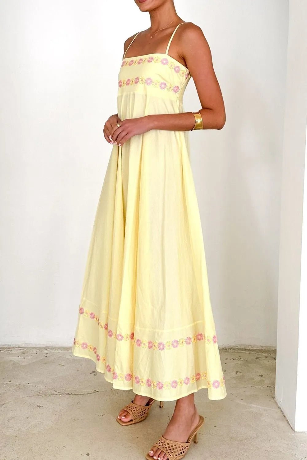 Floral Embroidered Spaghetti Strap Maxi Dress - Lookzlike