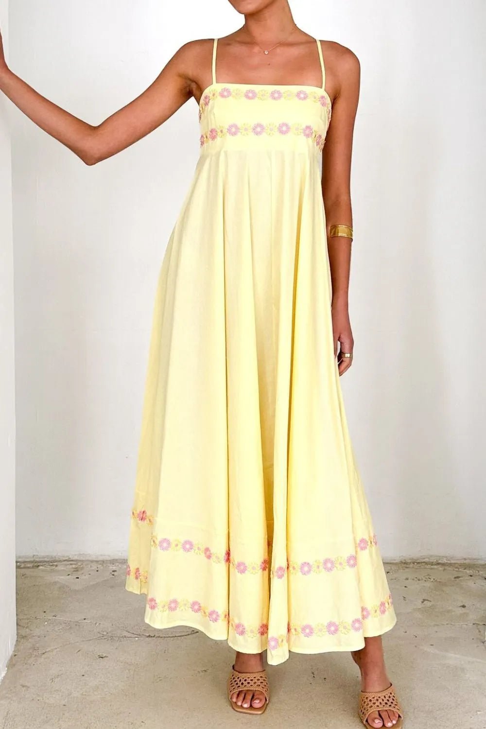 Floral Embroidered Spaghetti Strap Maxi Dress - Lookzlike