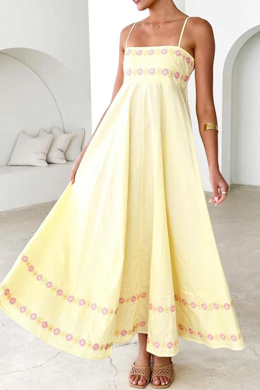 Floral Embroidered Spaghetti Strap Maxi Dress - Lookzlike