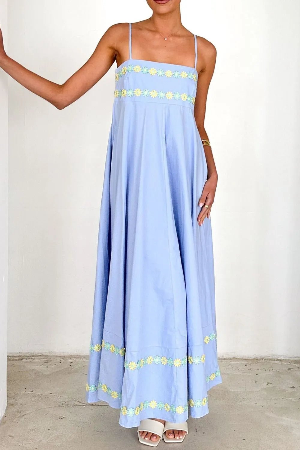 Floral Embroidered Spaghetti Strap Maxi Dress - Lookzlike