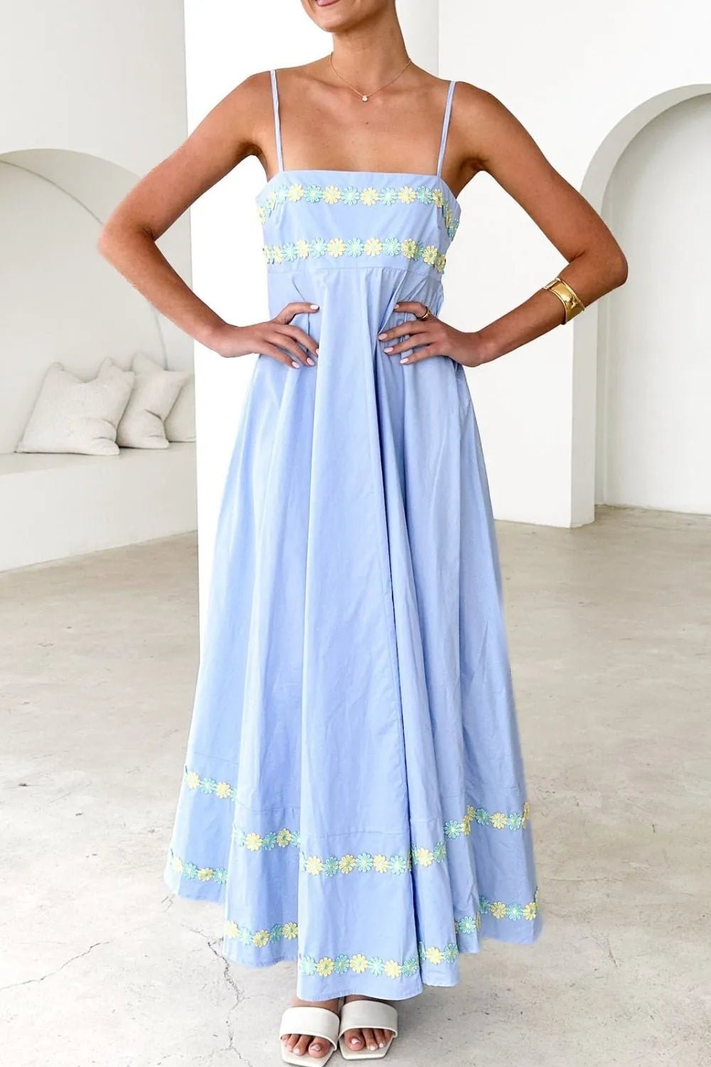 Floral Embroidered Spaghetti Strap Maxi Dress - Lookzlike