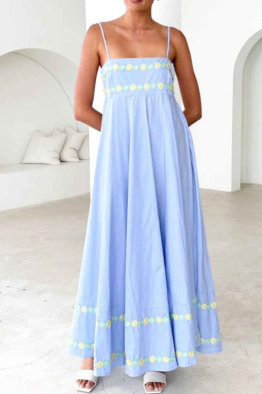 Floral Embroidered Spaghetti Strap Maxi Dress - Lookzlike