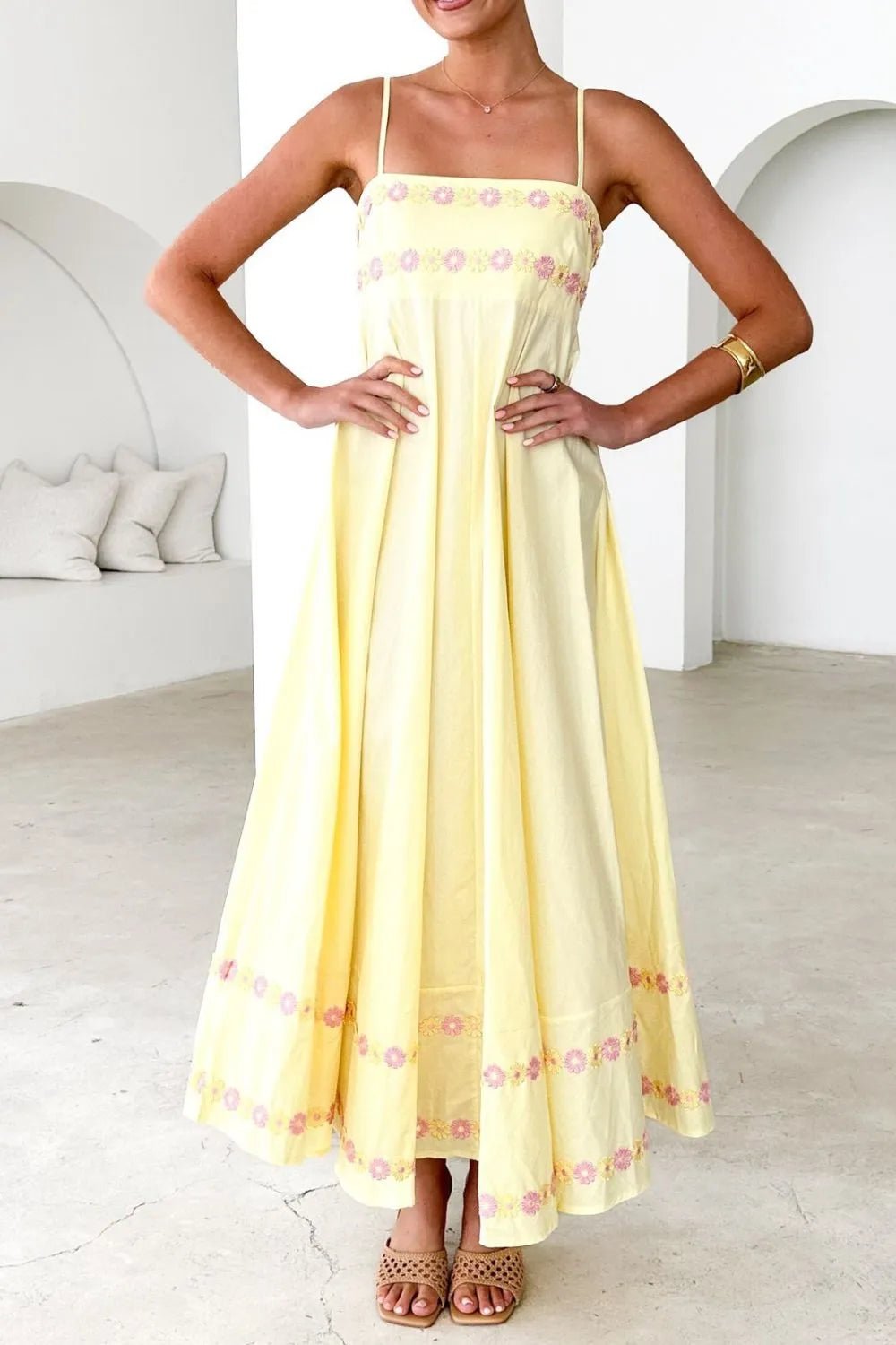 Floral Embroidered Spaghetti Strap Maxi Dress - Lookzlike